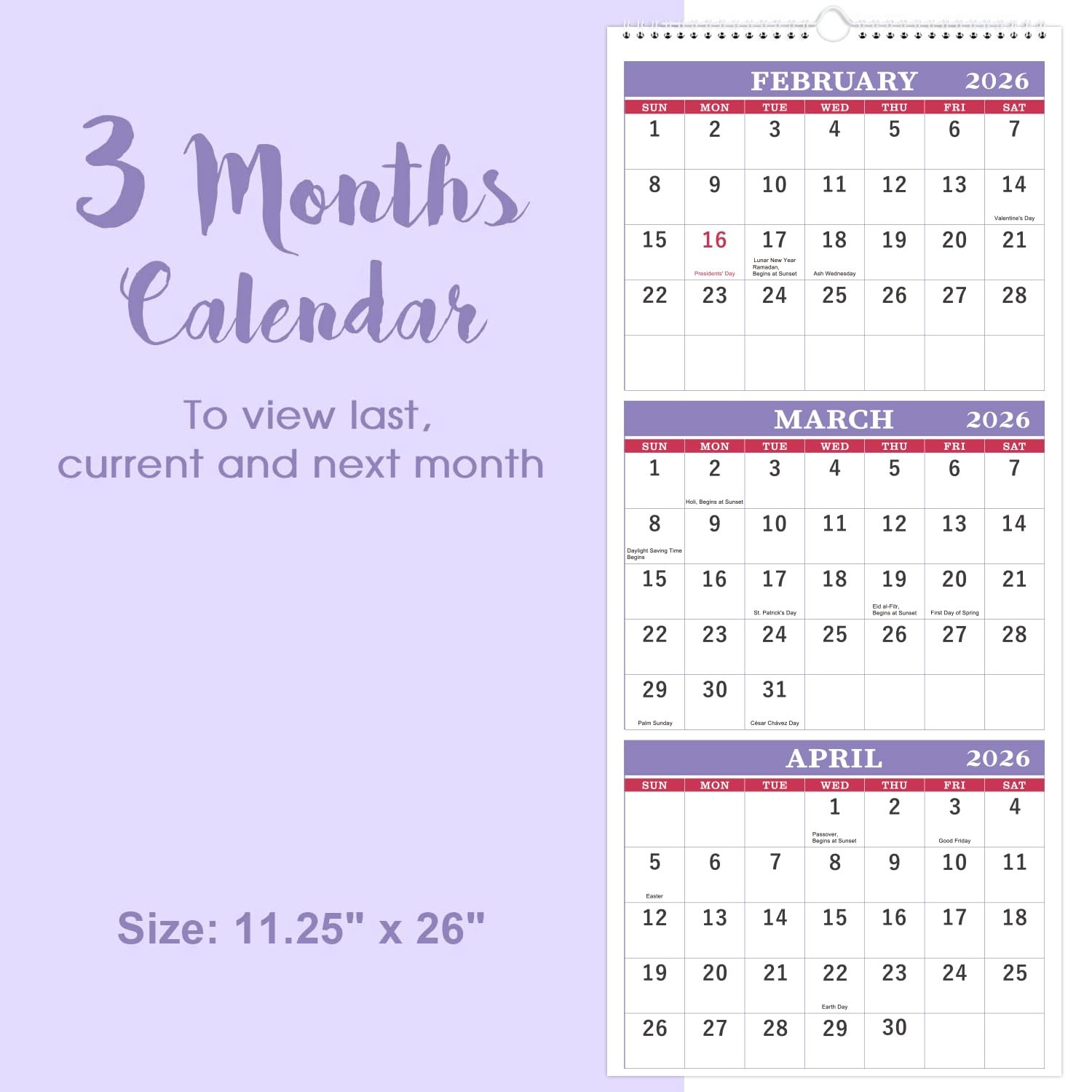 2026 Wall Calendar – 3 Month 2026 Display 3 Month, Purple
