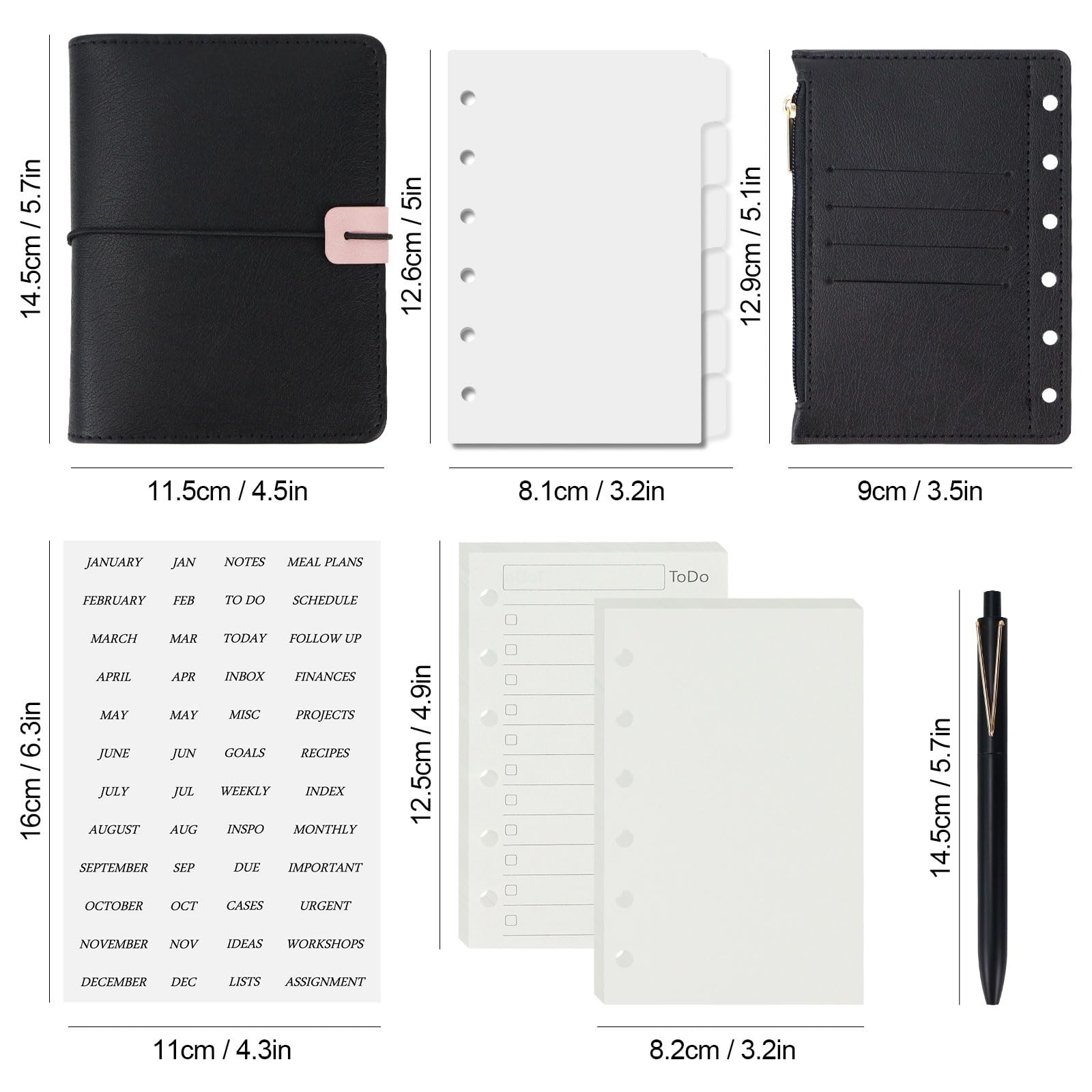 A7 Refillable Planner Small Binder Notebook 6 Ring PU Leather Organizer Zipper