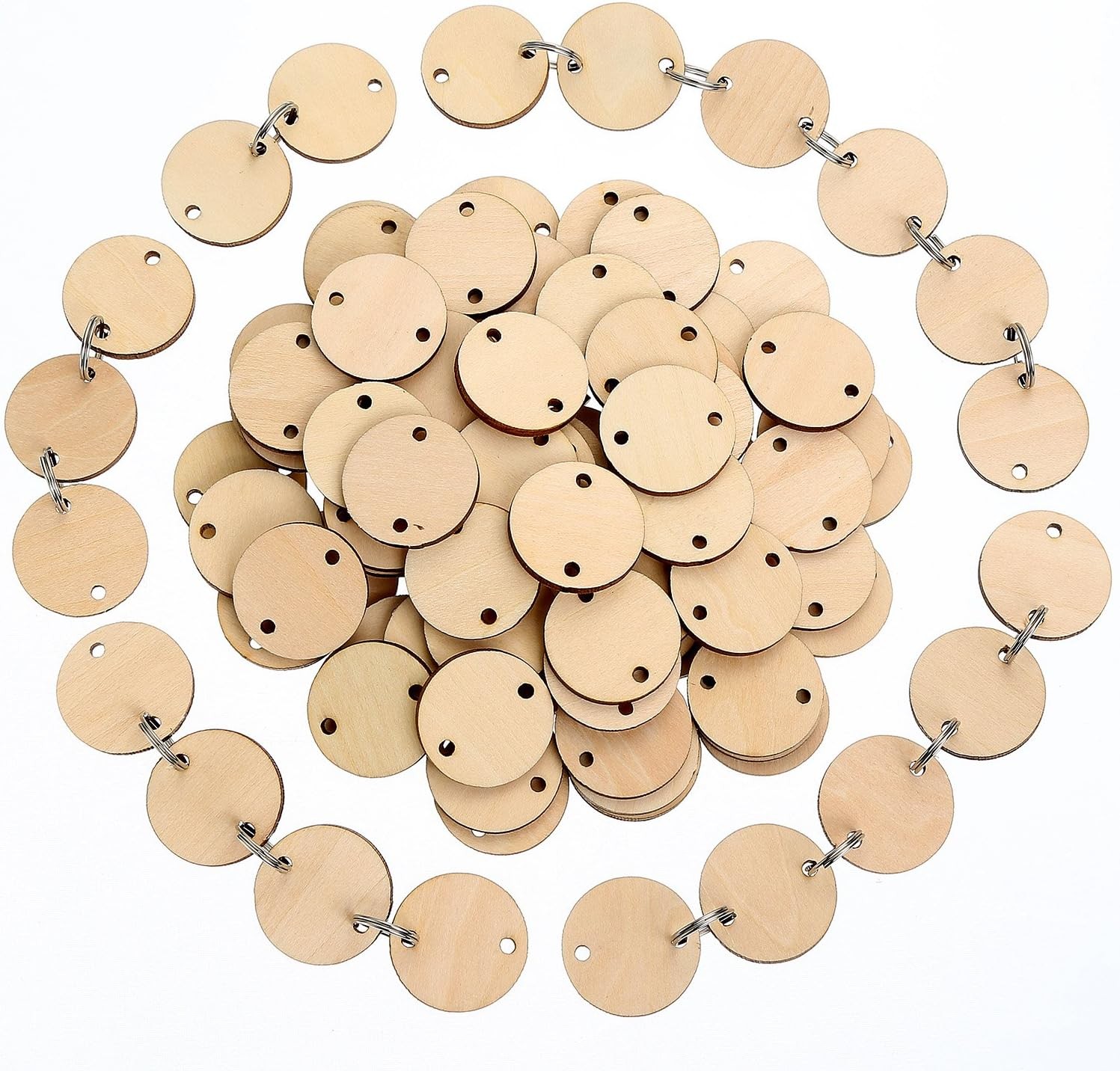 Bememo 1.5 inches/ 3.8 cm Round Wooden Discs with Holes, 100 Pieces 3.8CM