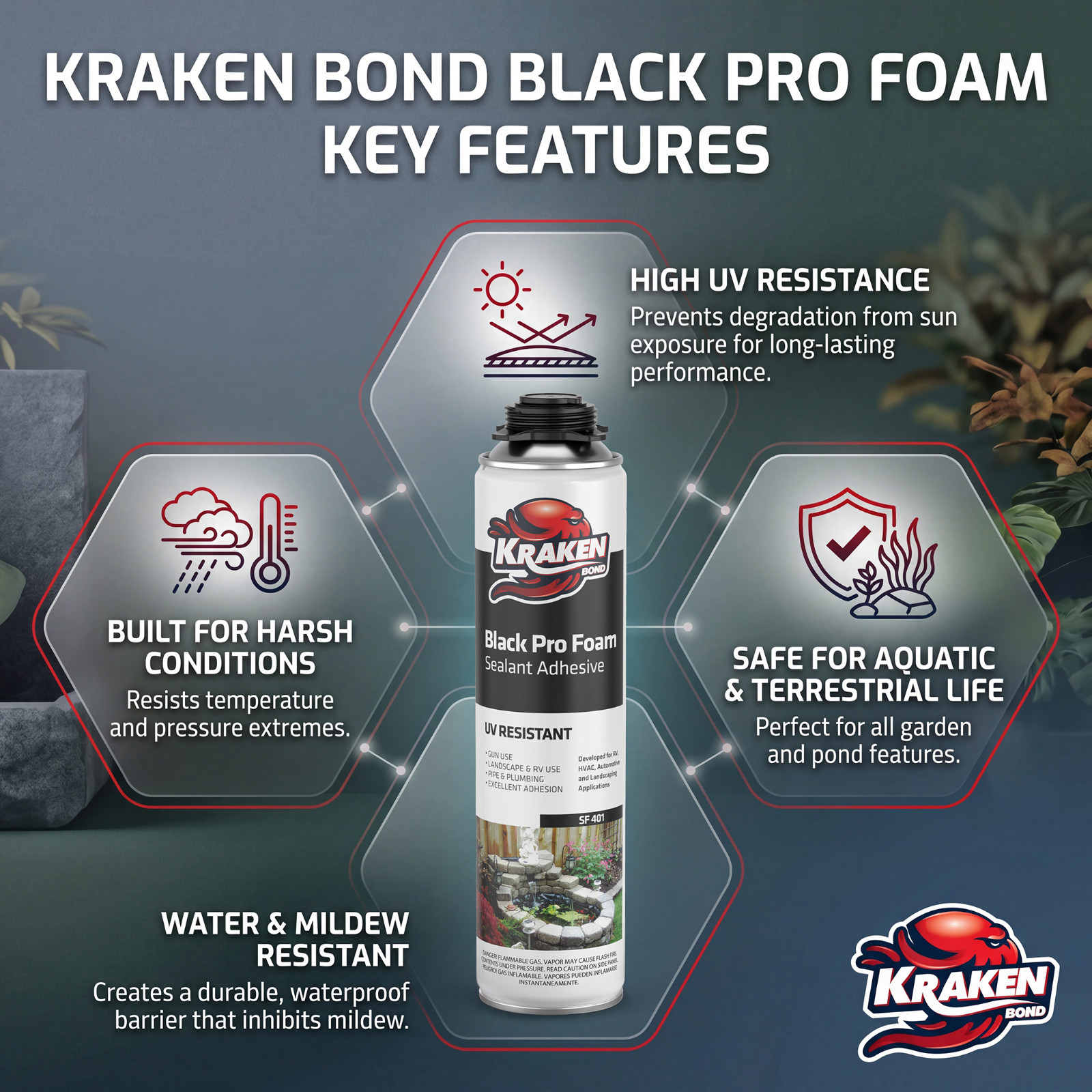 Kraken Bond Black Gun Foam 24oz 24 Pack Waterfall Landscape – Gun Included Set