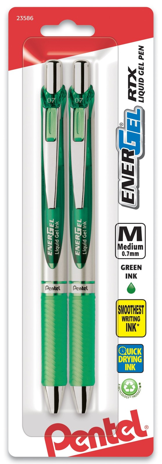 Pentel EnerGel RTX Retractable Liquid Gel Pen, 2 Count (Pack of 1), Green