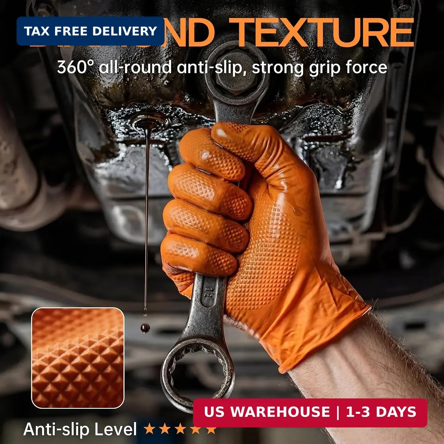 HEAVY DUTY 8 Mil Orange Nitrile Gloves, Diamond Textured Disposable Industrial M