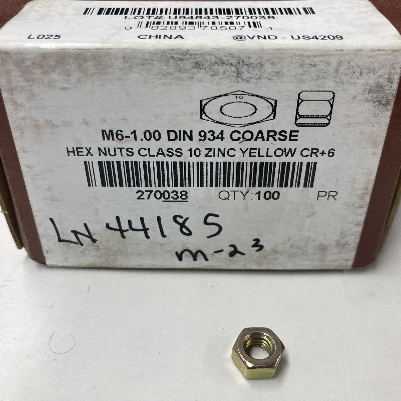 (100) M6-1.0 Hex Nuts Class 10 Zinc Yellow Din 934 CR6 Nut 6mm x 1 Nuts