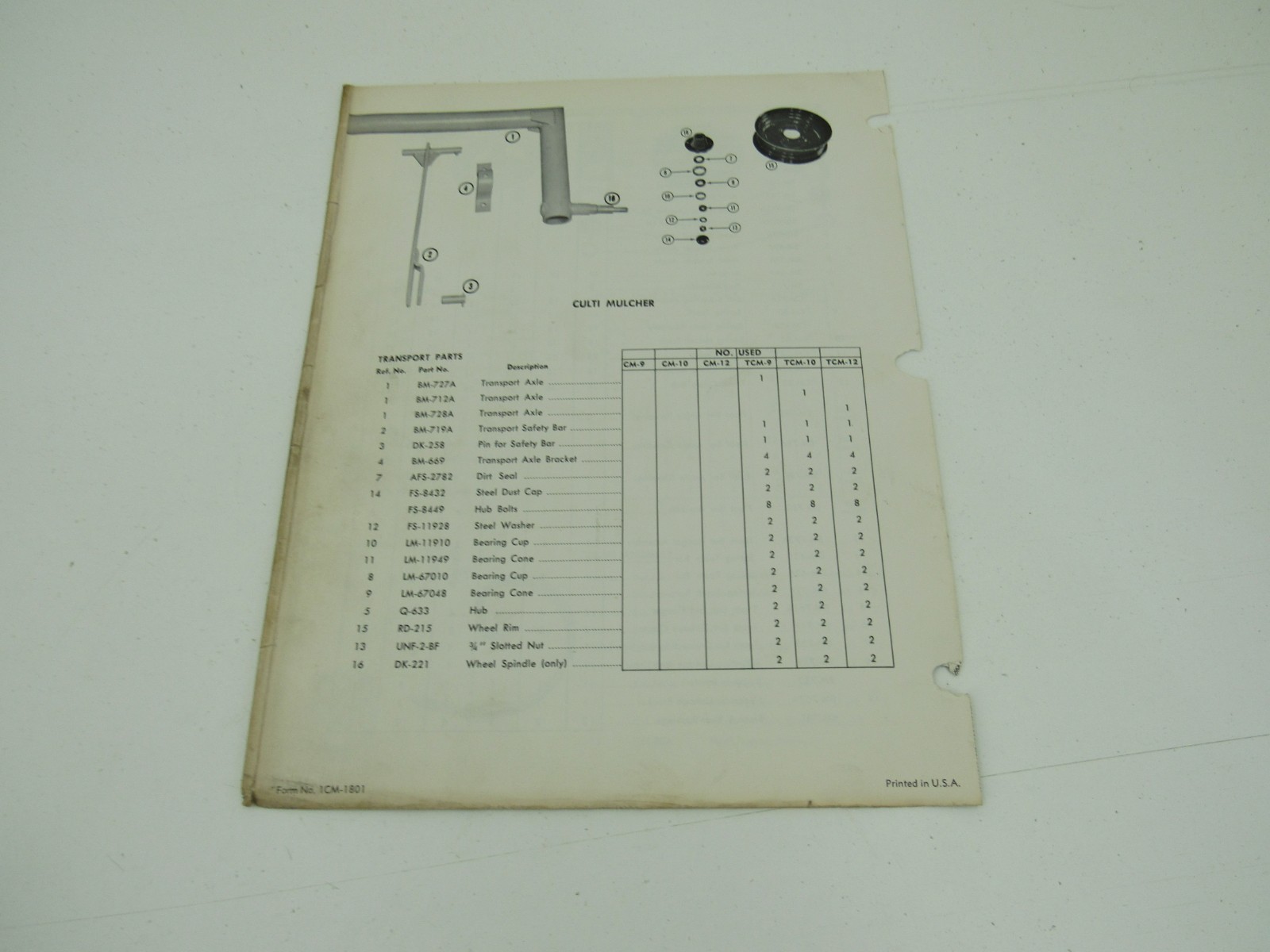 Dunham Cultimulcher Parts List Manual