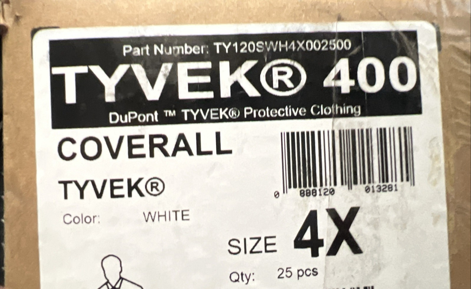 DUPONT Coveralls 4XL Tyvek 400 Open Wrist Open Ankle White 25PK