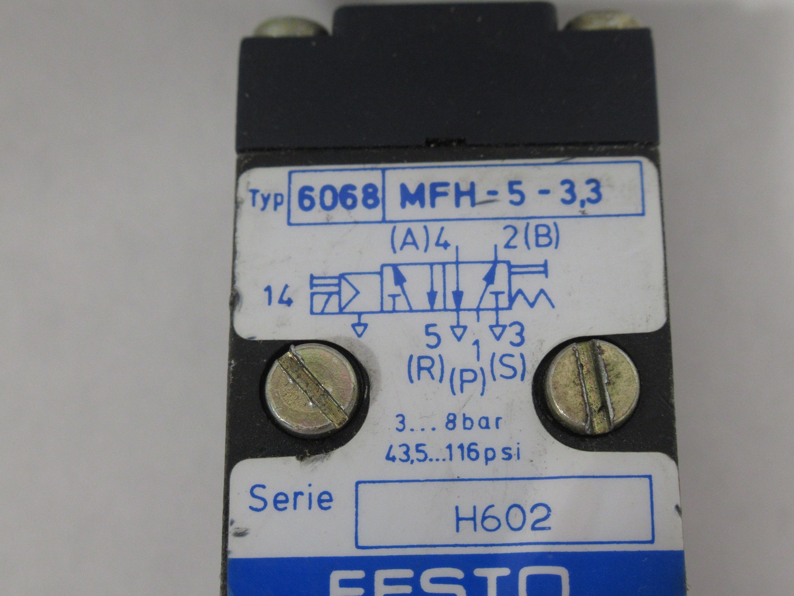 Festo 6068 MFH-5-3.3 Solenoid Valve 130l/min 3-8 bar 22ms NO COIL USED