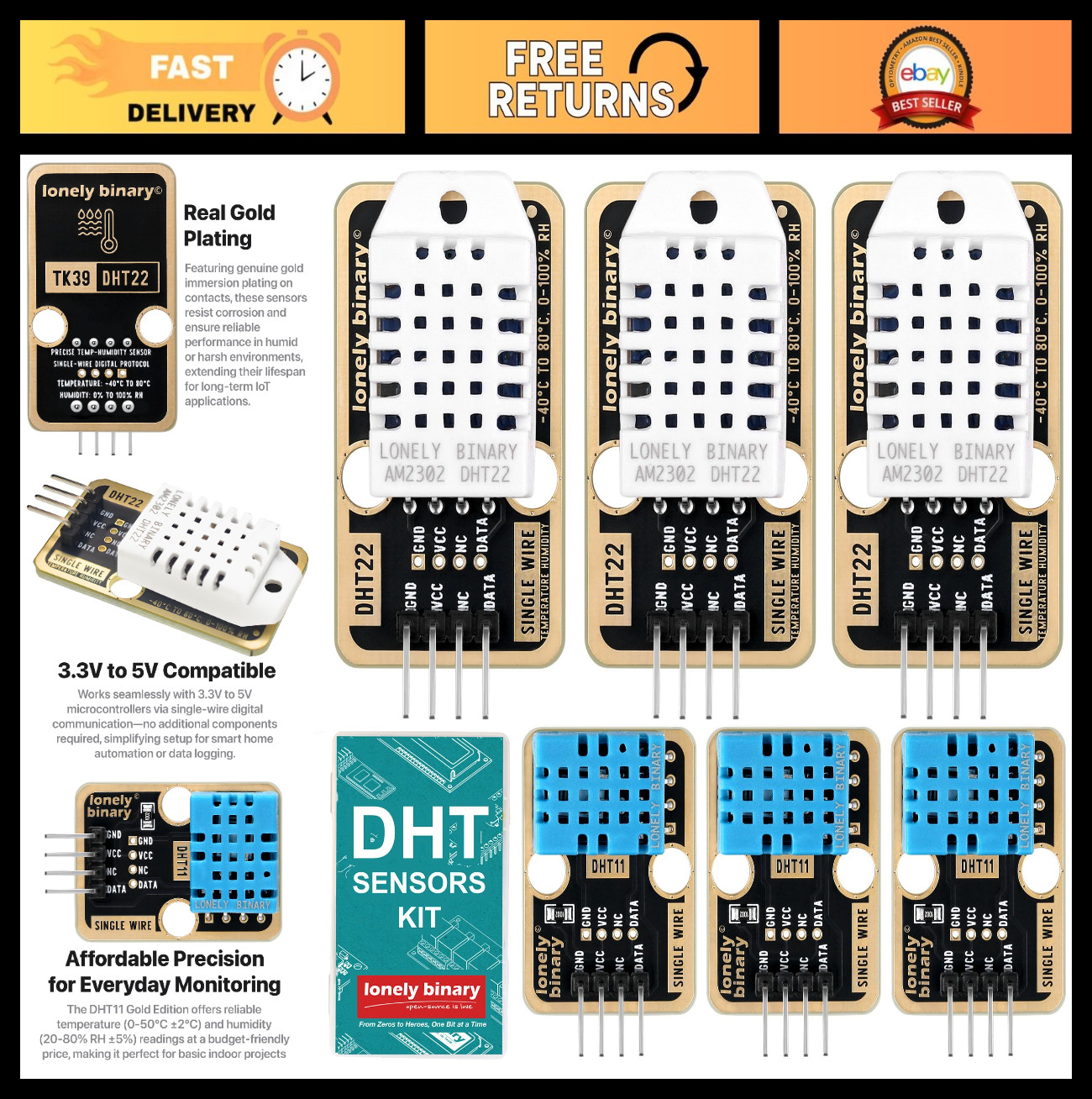6pcs DHT22 DHT11 Digital Temperature Humidity Sensor Set for Arduino Raspberry P
