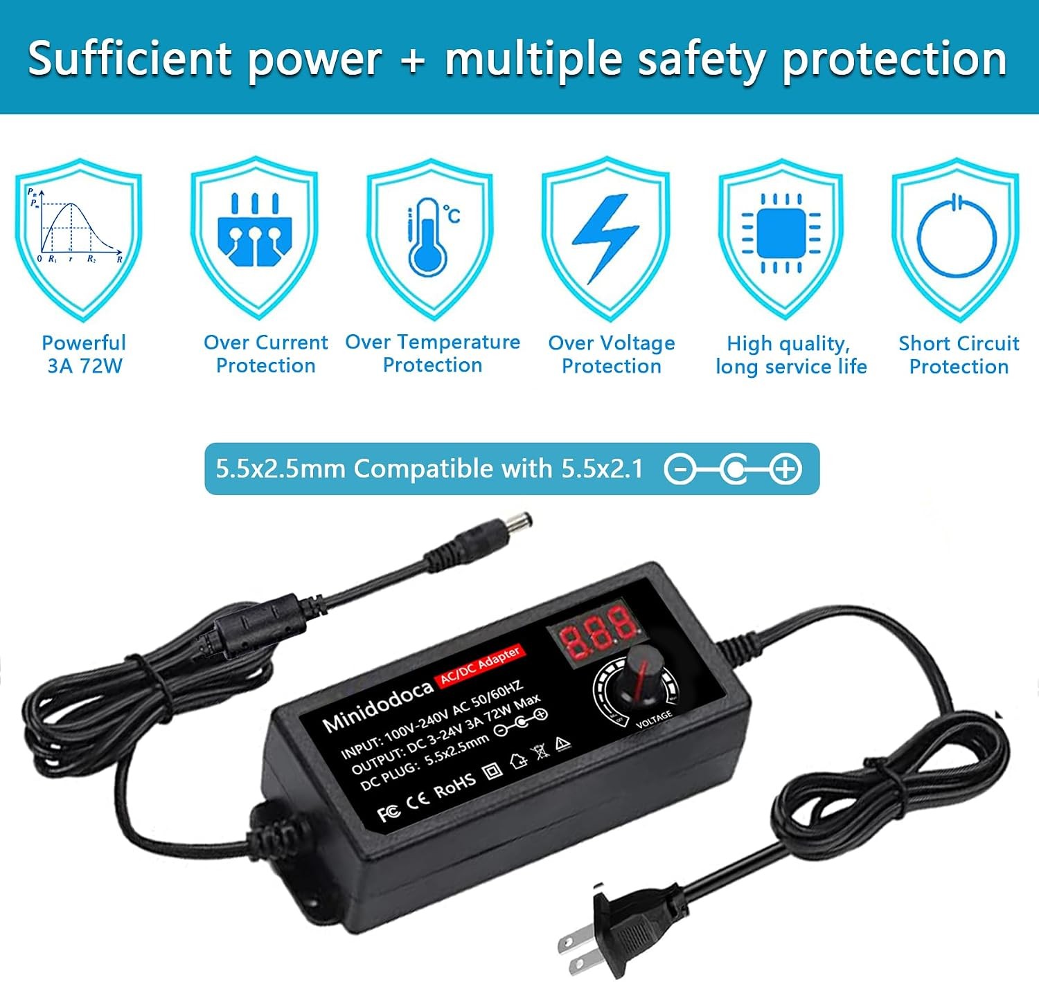 72W Power Supply Adjustable 3V ~ 24V Variable Universal Switching AC/DC Adapter