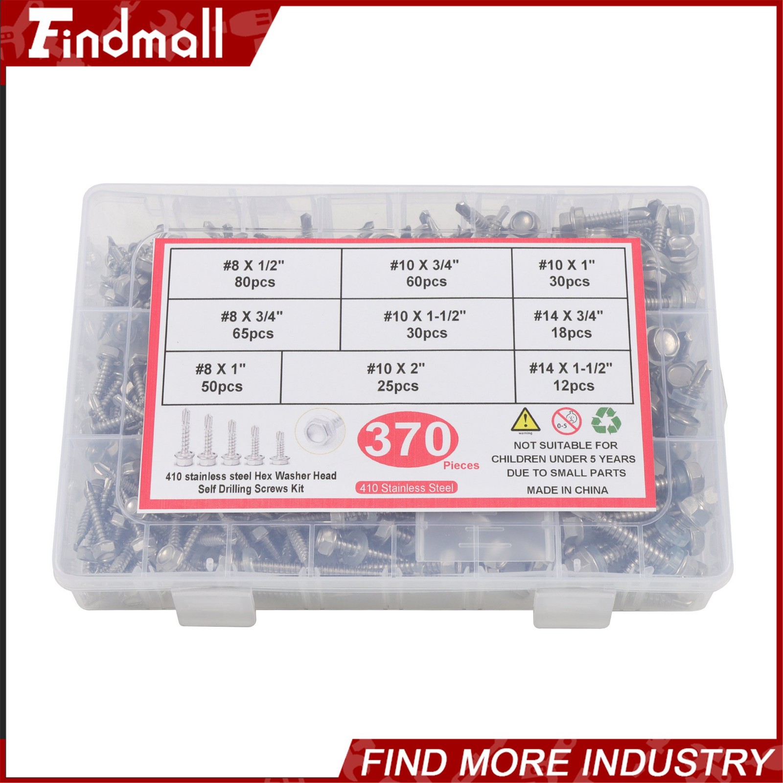 370Pcs #8#10#14 Self Drilling Screws Assortment Kit,410 Stainless Steel
