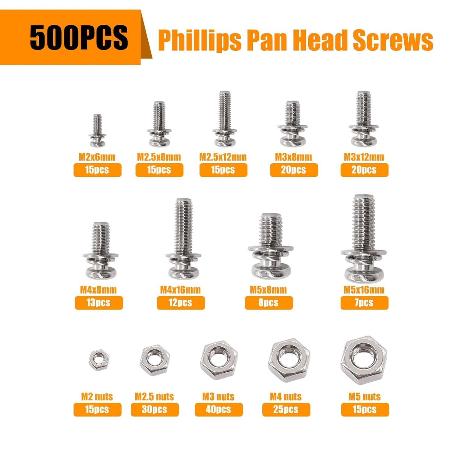 500Pcs Nut and Bolt Assortment Kit,M2 M2.5 M3 M4 M5 Machine Screws, 304 Stainles
