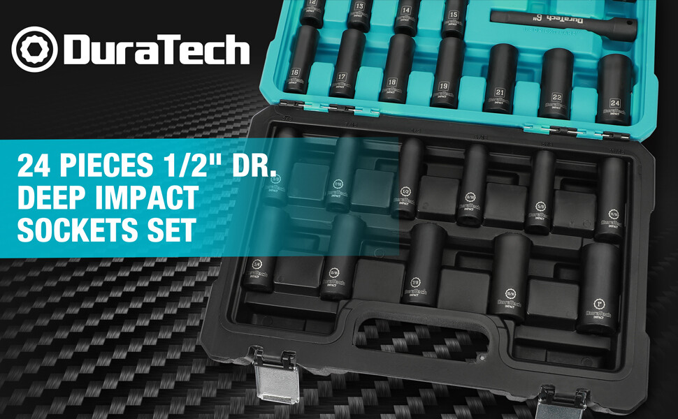 DURATECH 24PC Impact Socket Set 1/2″ Dr Deep Impact Socket Set Metric SAE w/Case