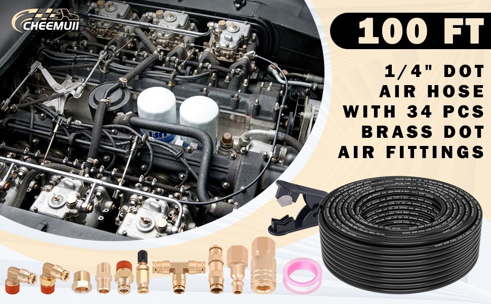 CheeMuii 100 FT 1/4″ DOT Air Line w 34 Pcs Brass DOT Air Line Fittings Kit 30.5m