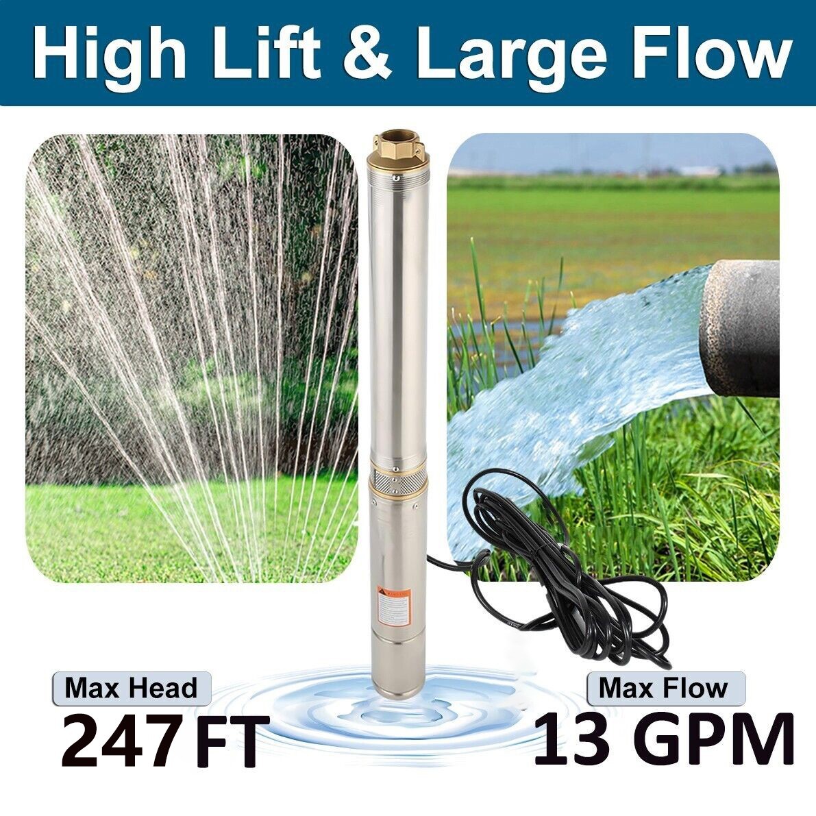 3″ OD 1 HP Deep Well Submersible Pump 230V 13GPM 247ft w/Control Box 100ft Cord