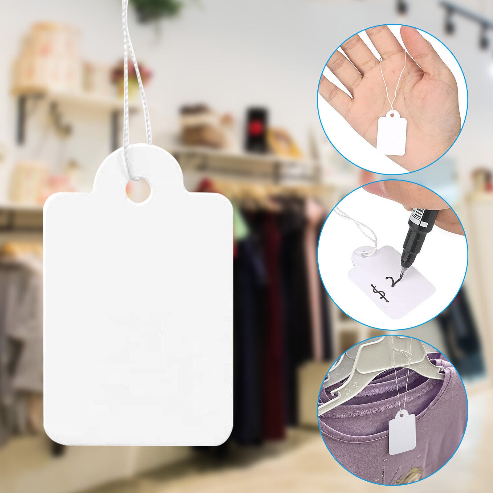 1000x White Merchandise Price Tags with Strings Retail Strung Label 0.87×1.38in
