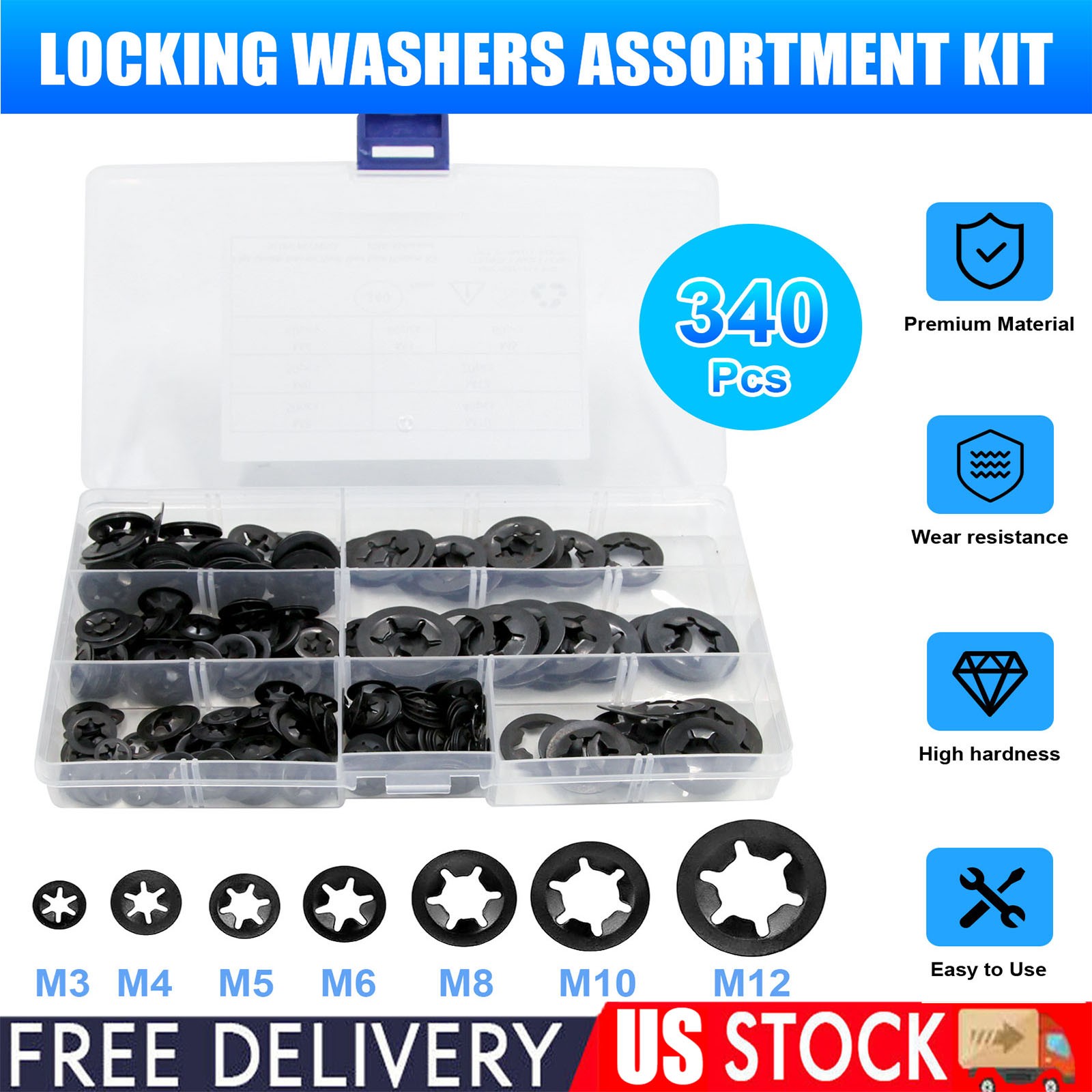 340pcs Assortment Internal Tooth Star Lock Spring Quick Washer Push On Speed Nut