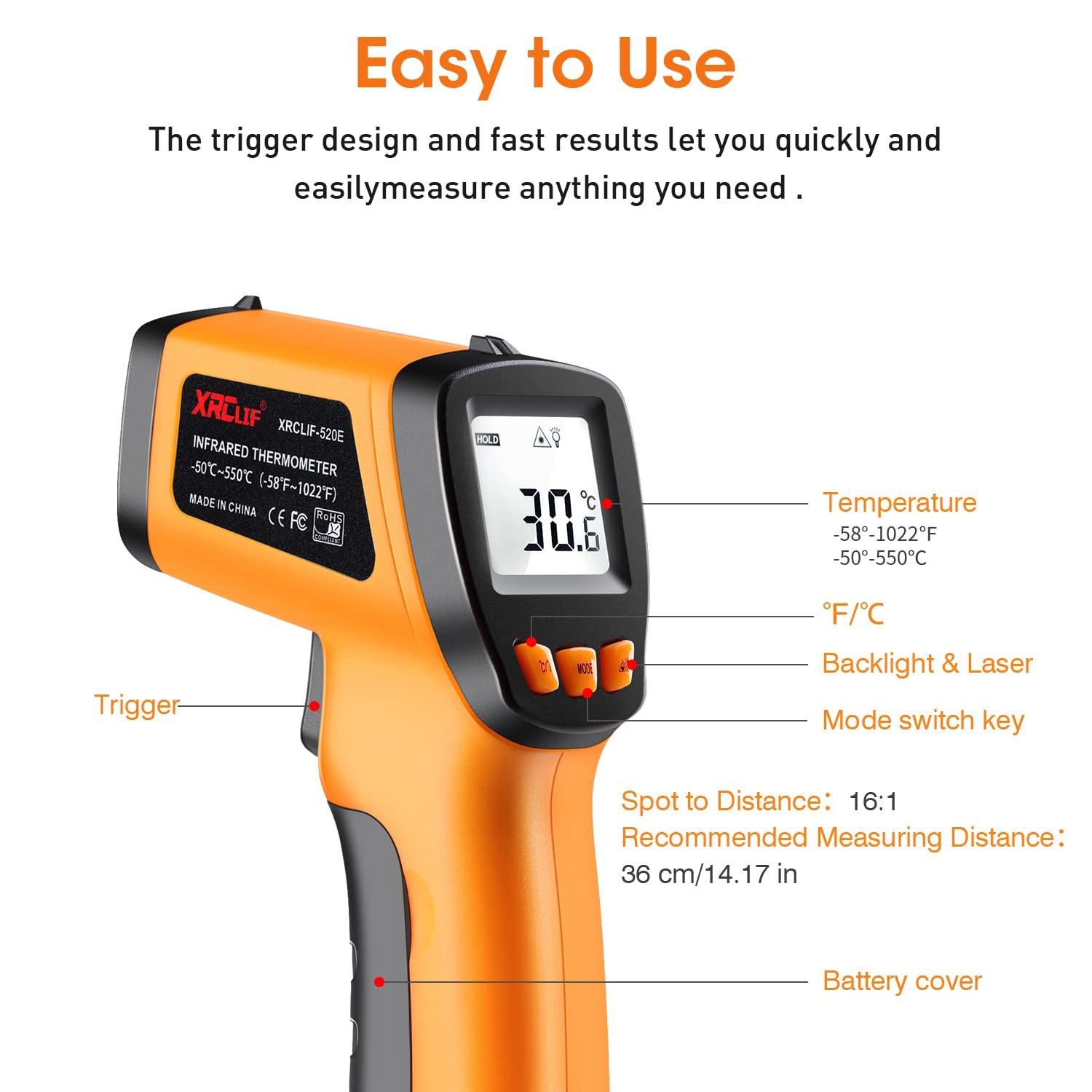 XRCLIF Infrared Thermometer Gun -58°F to 1022°F, 4 Piece Set, -58°F~1022°F