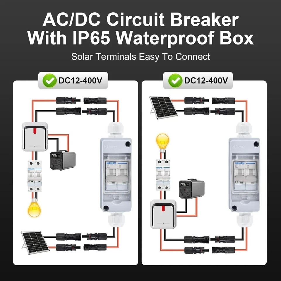 Solar Panel Disconnect Switch 1000V 30A IP65 DC Breaker Box 2P PV Circuit