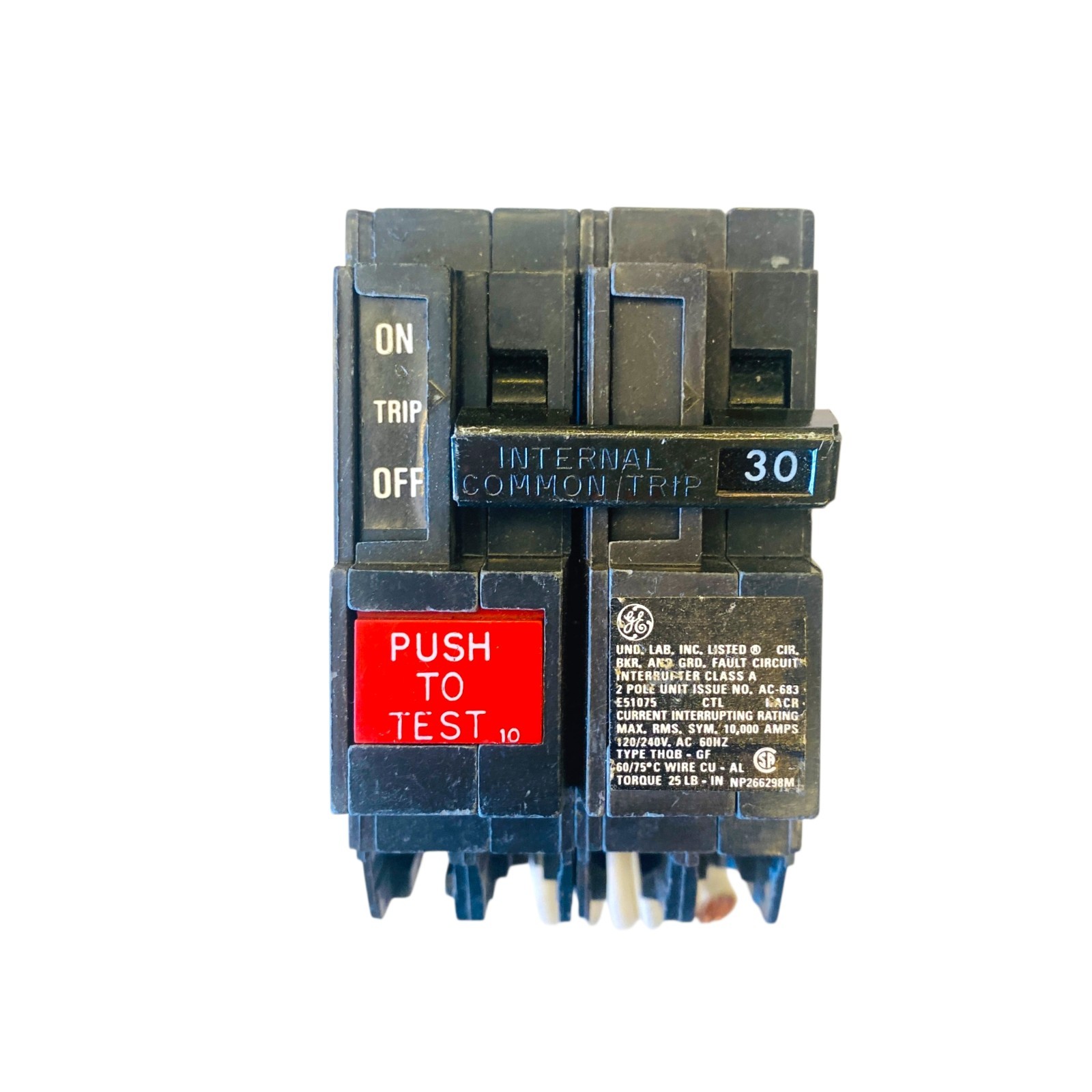 GE THQB2130GF Type THQB-GF 2-Pole 30A 120/240V 10kA Bolt-On GFCI Circuit Breaker