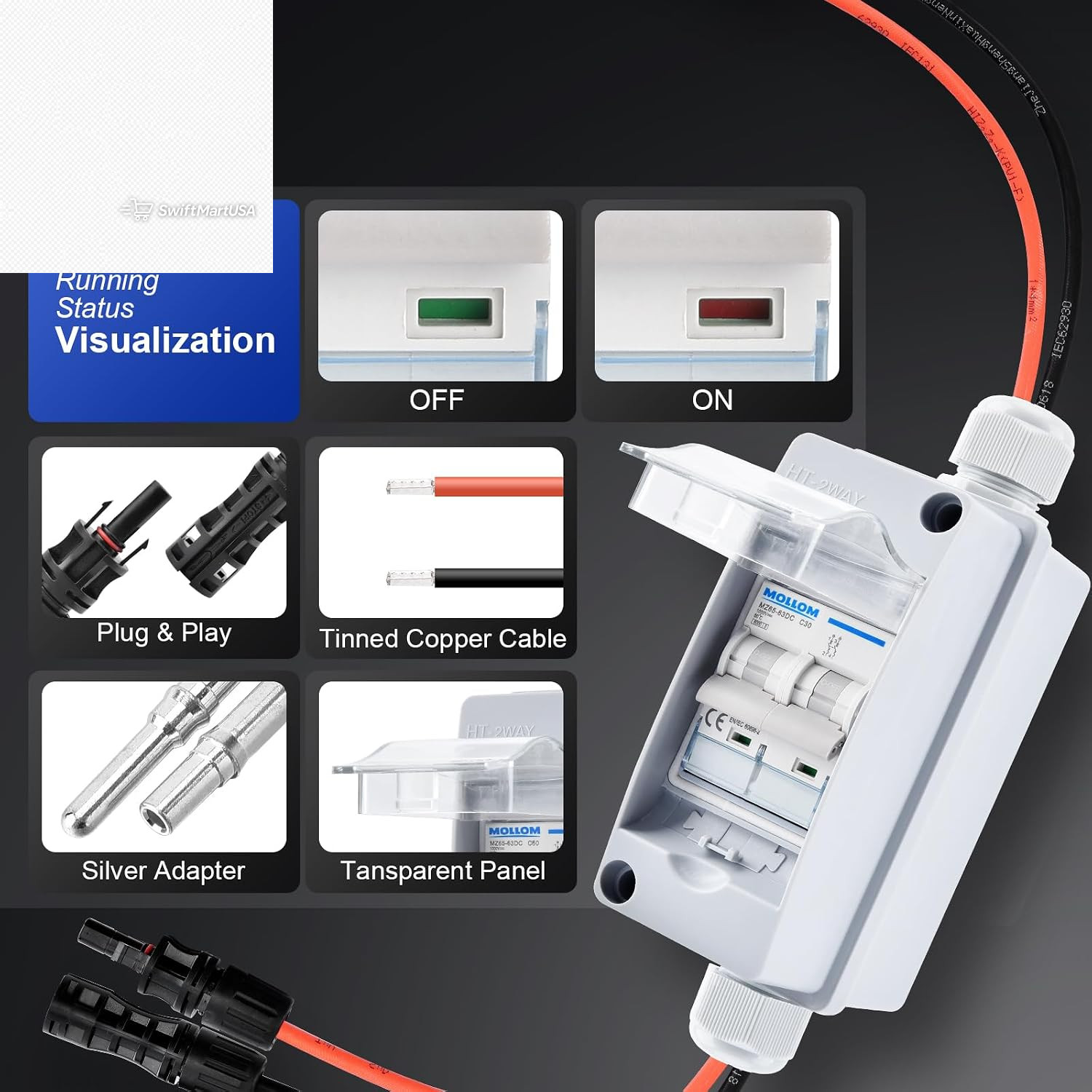 1000V 30A DC Solar Disconnect Switch 2P Circuit Breaker Box Waterproof IP65 PV