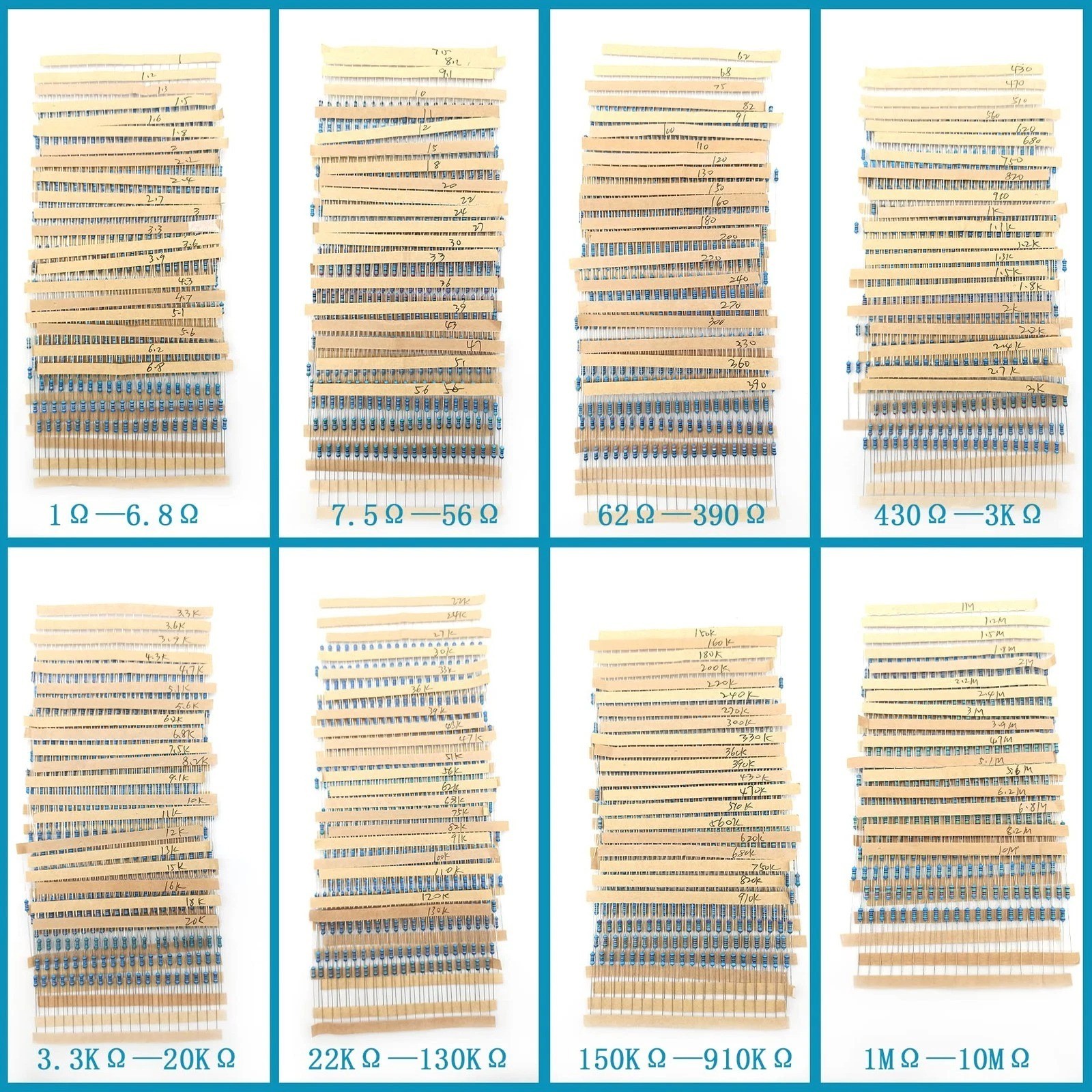 3120pcs 156 Values Metal Film Resistor Kit 1 Ohm-10M Ohm 1/4W 0.25 watt ±1% …