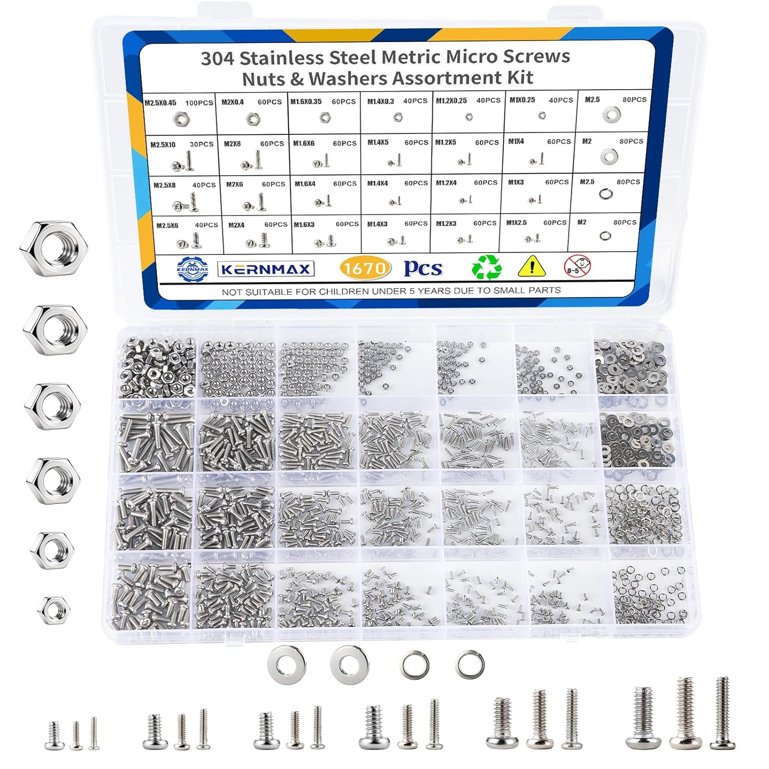 1670Pcs 304 Stainless Steel Metric Micro Screws Nuts Assortment Kit, M1 M1.2 M1.