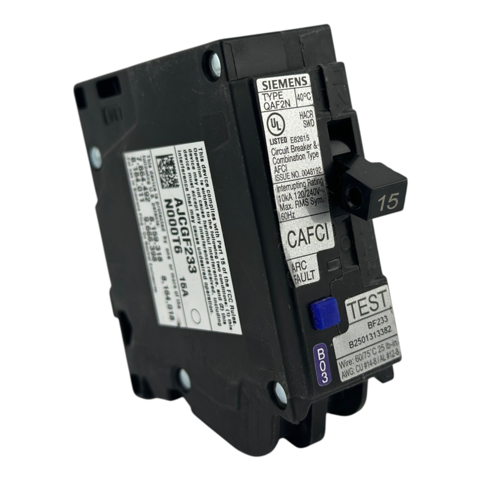 USED SIEMENS QA115AFCN ARC FAULT CIRCUIT BREAKER TYPE AFCI 15 AMP 1 POLE