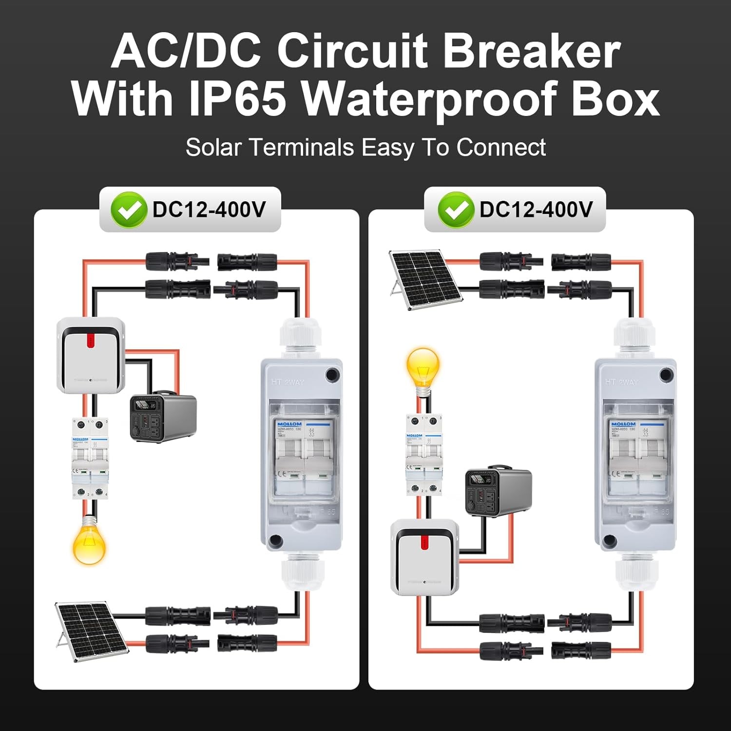 Solar Panel Disconnect Switch 1000V 30A IP65 DC Breaker Box 2P PV Circuit