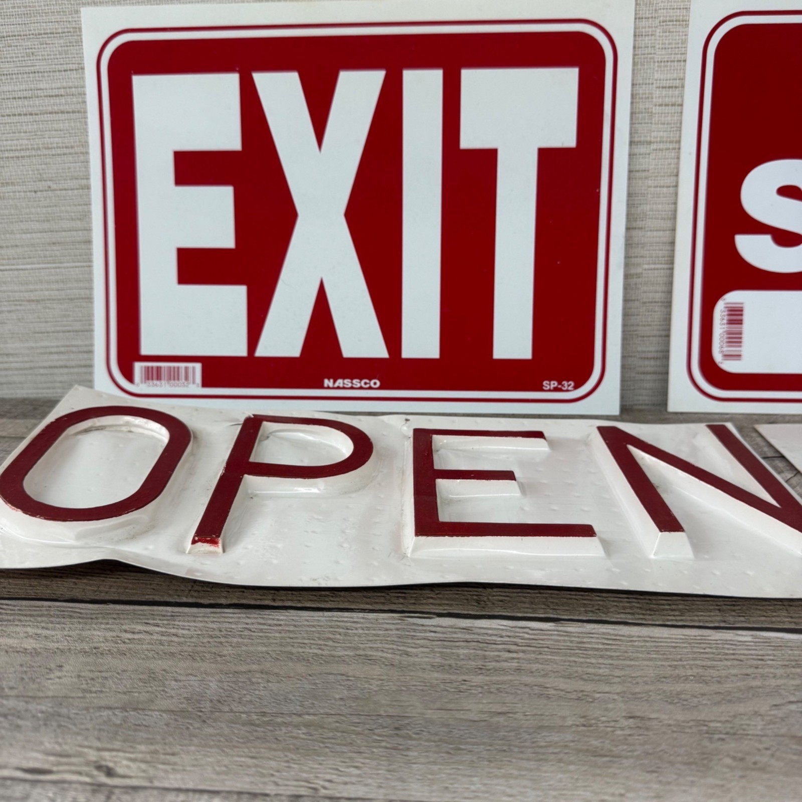 Vintage Red & White Plastic Sign Lots – Exit Yard Sale Open Wild Rice Buyer Door