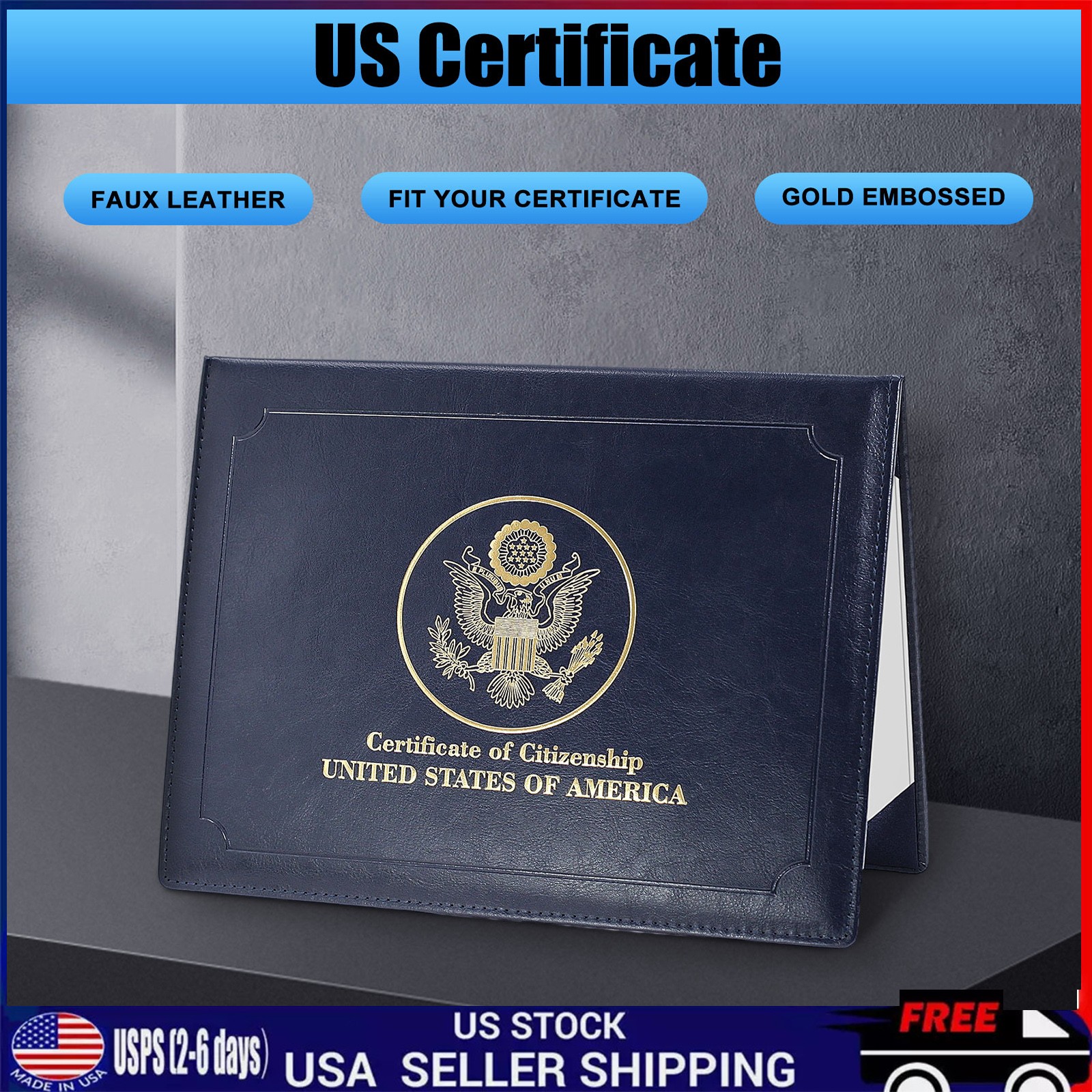 US Citizenship Certificate Holder Naturalization Padded Leatherette Cover