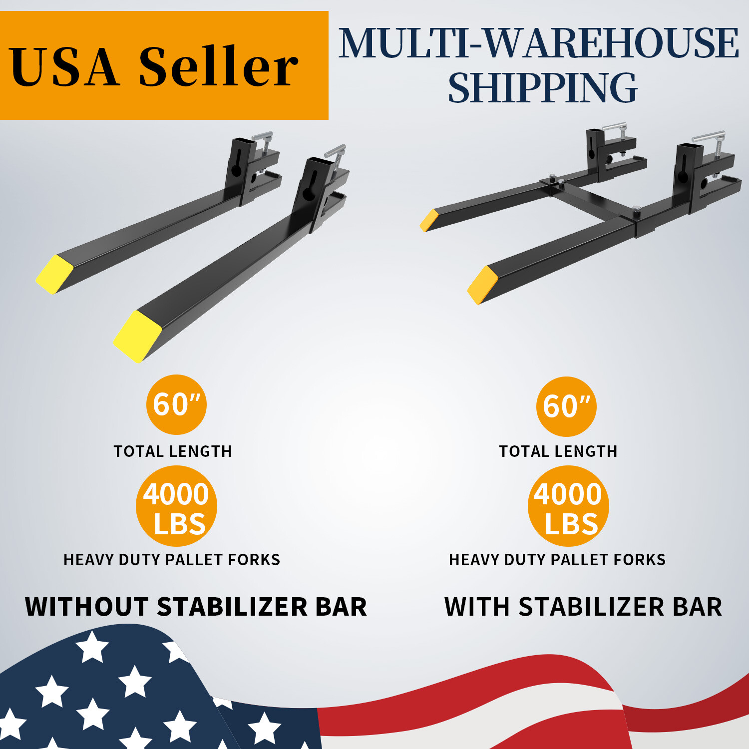 60″ Clamp on Pallet Forks 4000lb Loader Bucket Skid Steer Tractor Stabilizer Bar