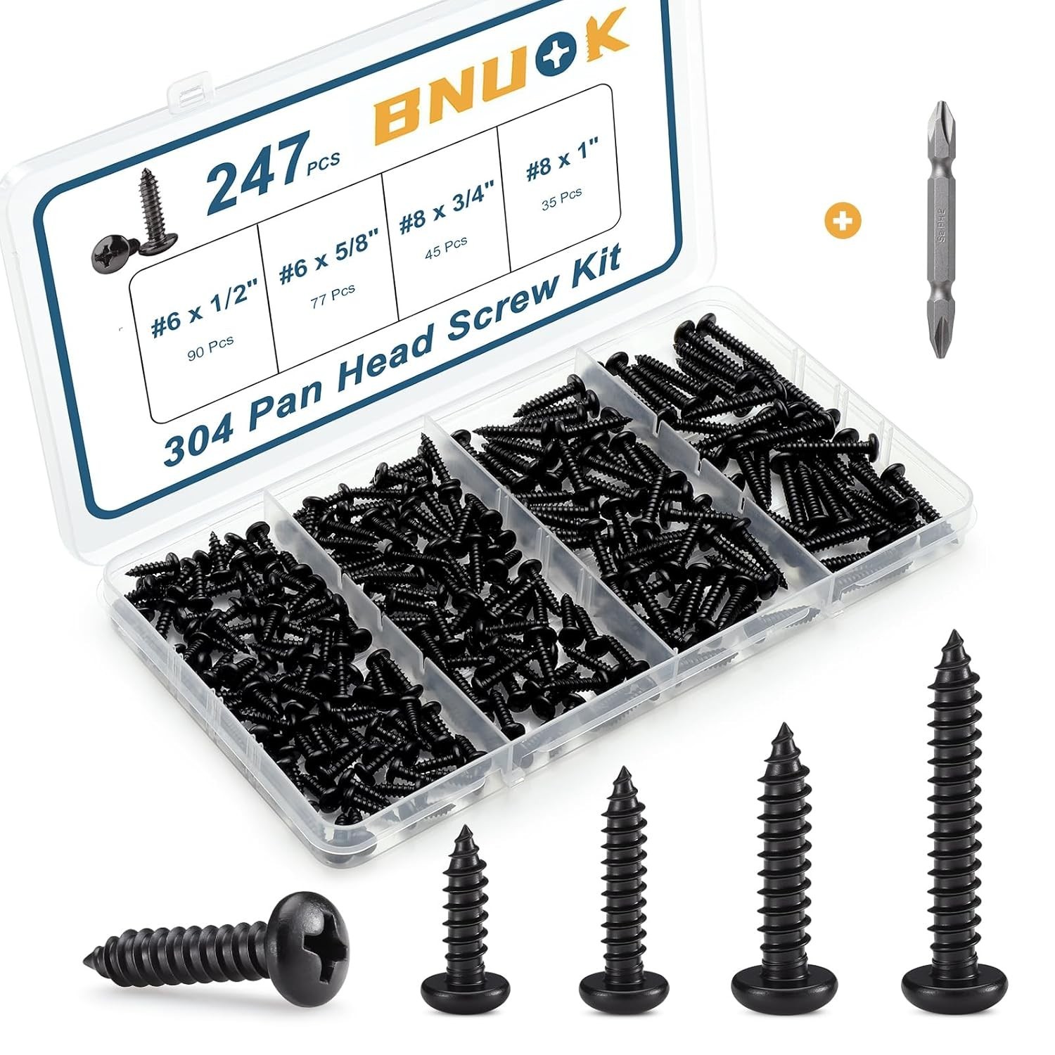 247Pcs Pan Head Wood Screws Assortment Kit, Black Oxide Stainless Steel 304 S…