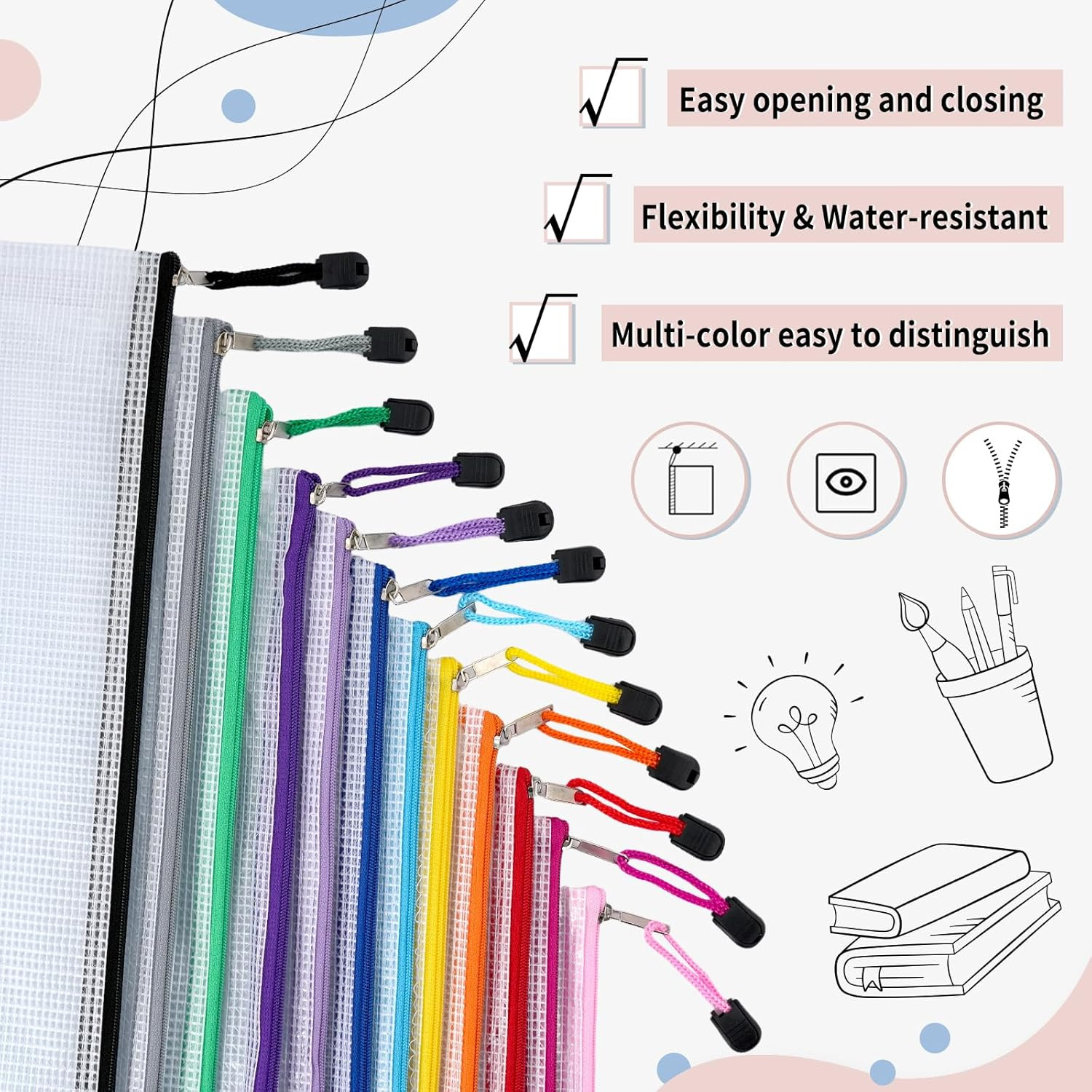 72pcs Mesh Zipper Pouch, A4 Size, 12 Colors Zipper Bags for Organizing Storage,