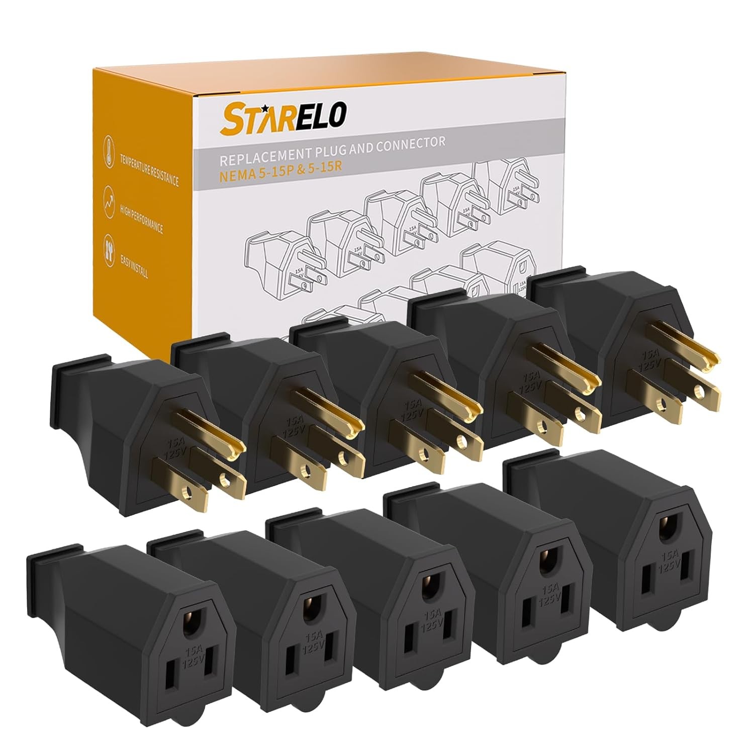 STARELO Extension Cord Ends 125V 15A 2Pole 3Wire Male Plug and Female Black