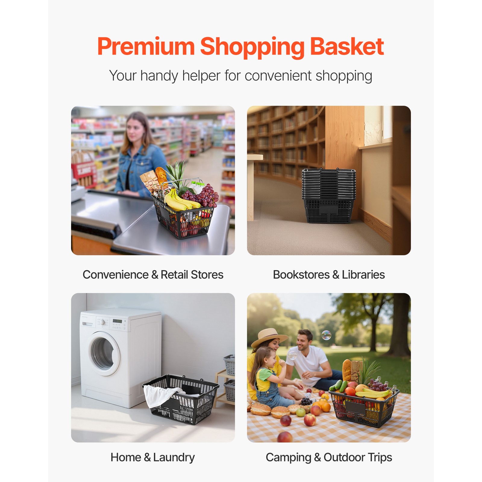Uimoso Set of 12 Stackable Black PE Shopping Baskets with Handles for Groceries