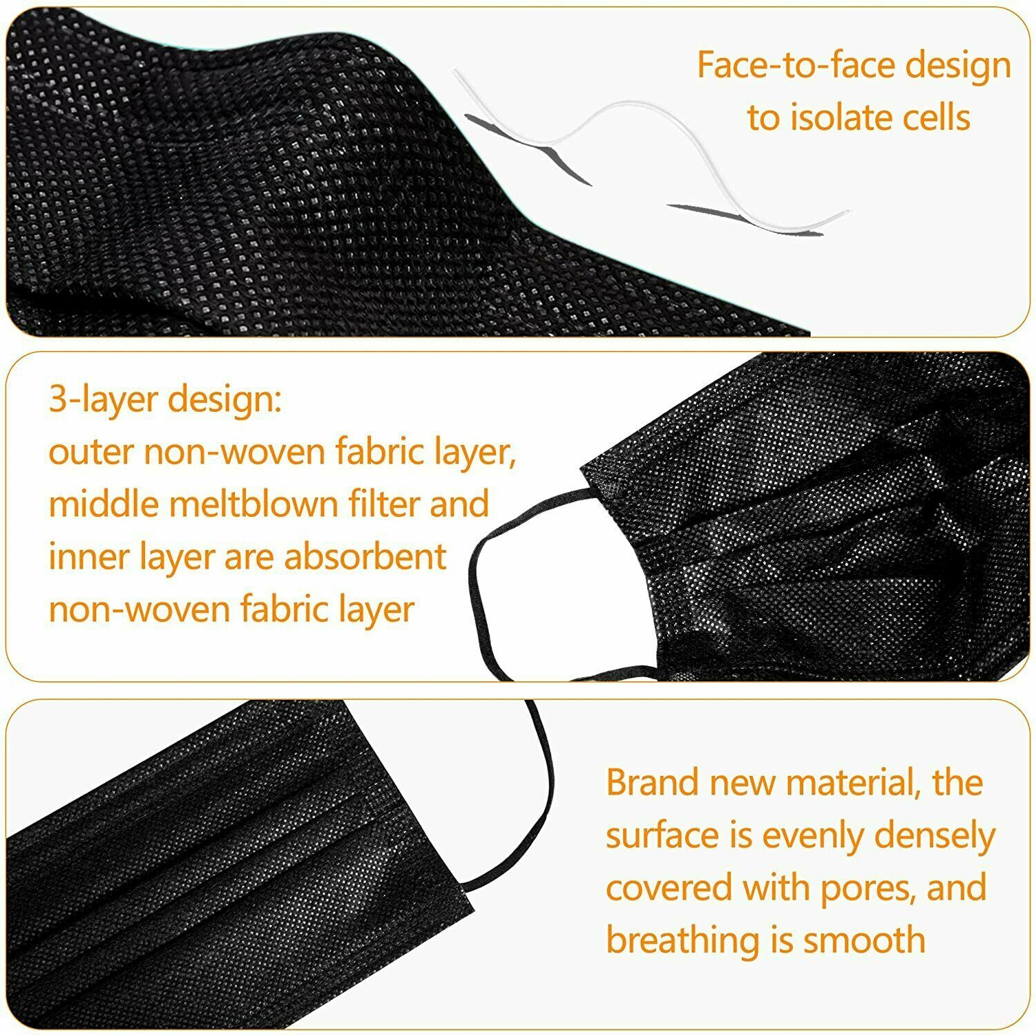 100PCS Black 3-Ply Disposable Face Mask Non Medical Surgical Earloop Mouth Cover