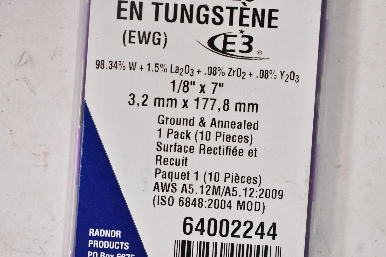 Radnor E3 Tungsten Electrodes 1/8 X 7 In EWG 3.2mm 10 Pack TIG Welding Rods