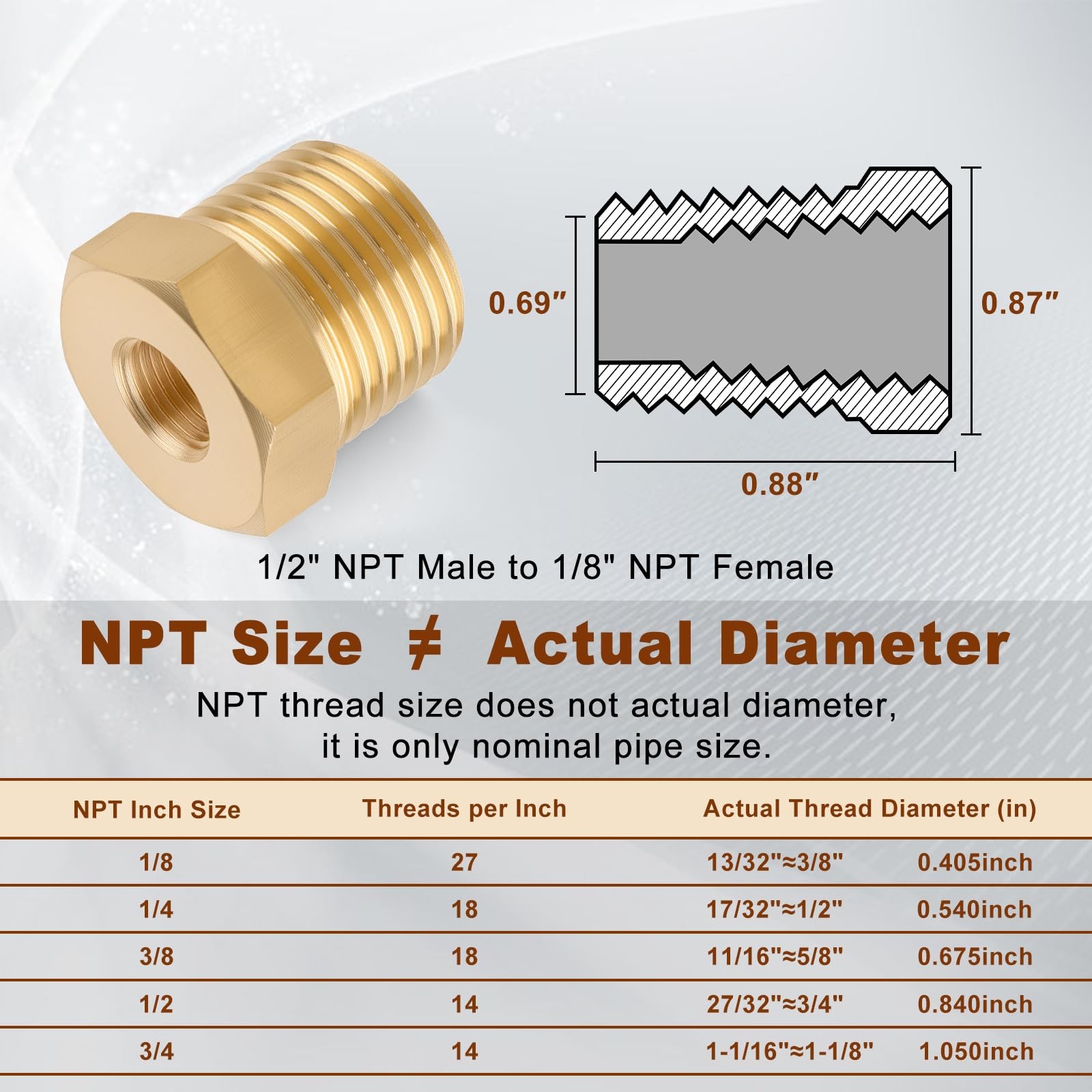 Boeray 1/2 Inch NPT Male Thread to 1/8 1/2″ x 1/8″ NPT(3/4″OD x 3/8″ID), Gold