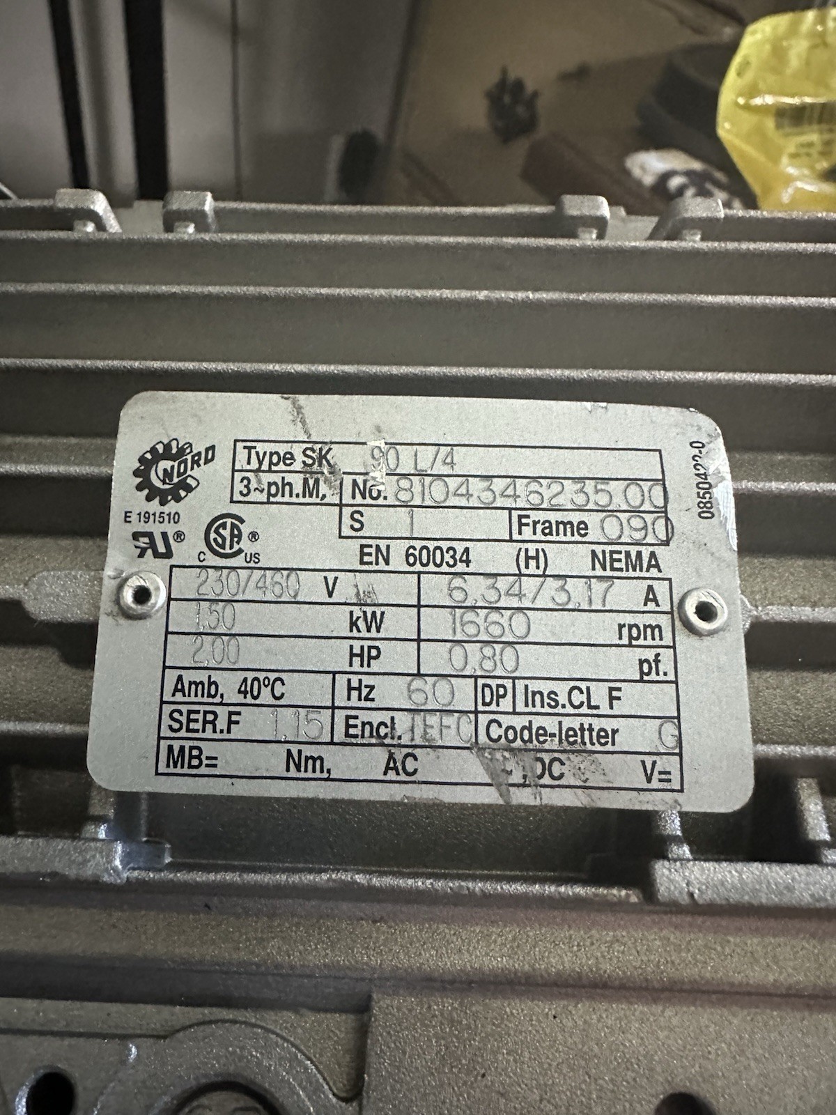 Nord SK90L/4-CUS Used Electric Motor 3ph 2hp 230/460V 60hz 1660rpm TEFC 60hz