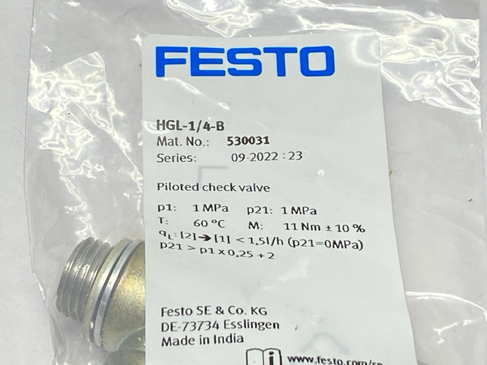 Festo HGL-1/4-B Piloted Non-Return Check Valve 530031