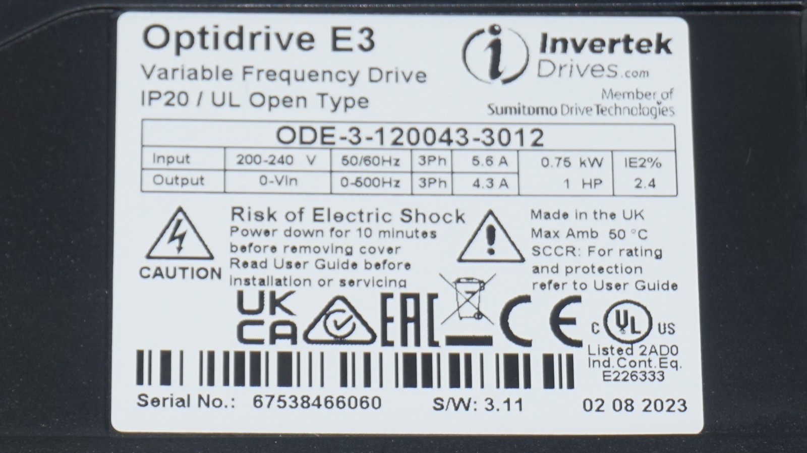INVERTEK OPTIDRIVE E3 VARIABLE FREQUENCY DRIVE ODE-3-120043-3012 IP20/UL OPEN