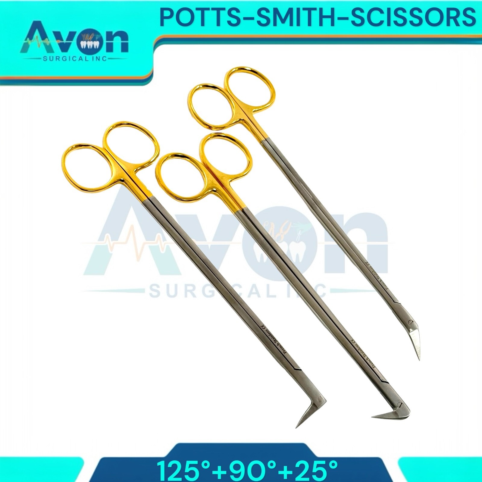 3pcs Set – Potts Smith Vascular Scissors, 25°, 90°, 125°, Angled Blades, Sharp