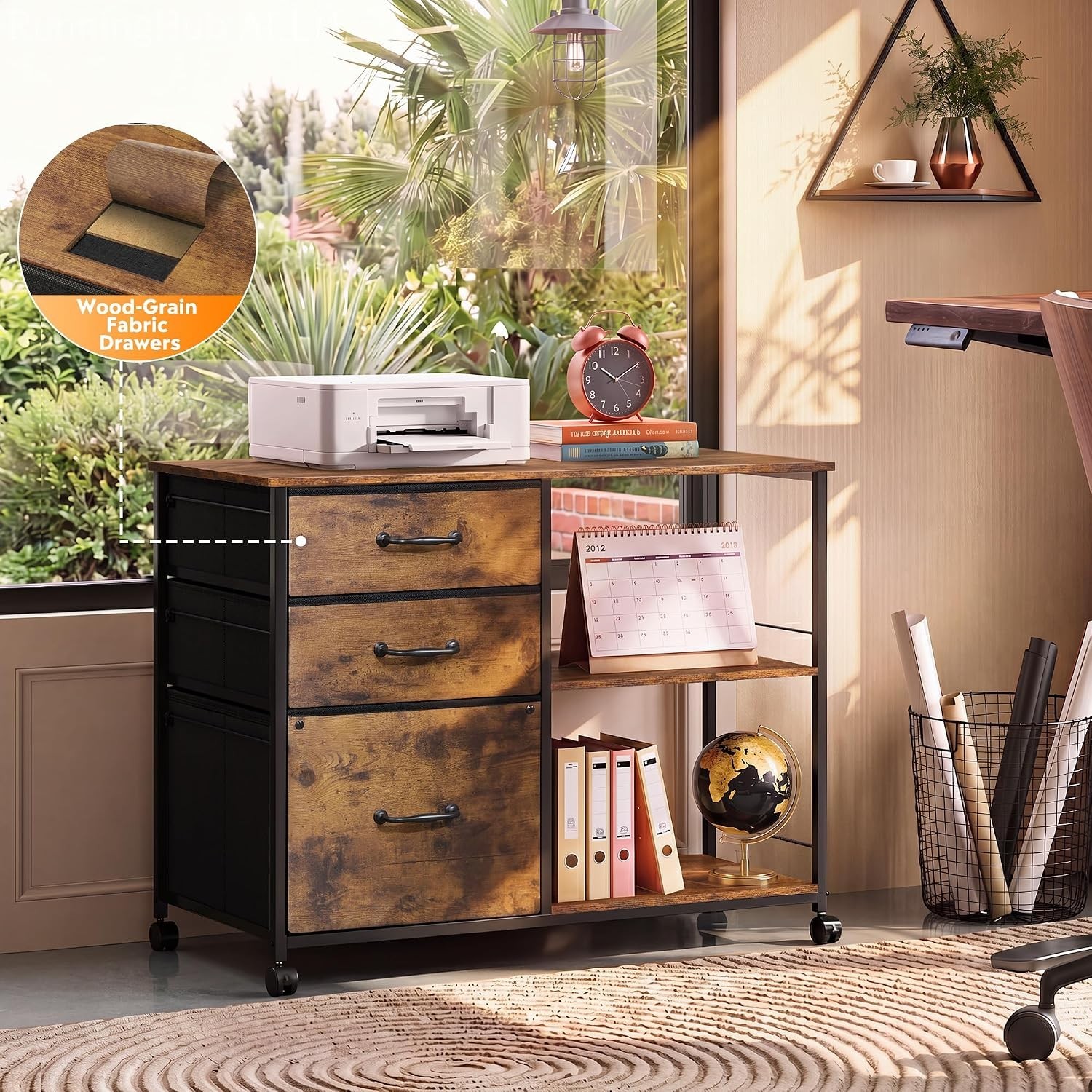 3 Drawer Mobile File Cabinet with Open Storage Shelf | Rolling Printer Stand, Fa