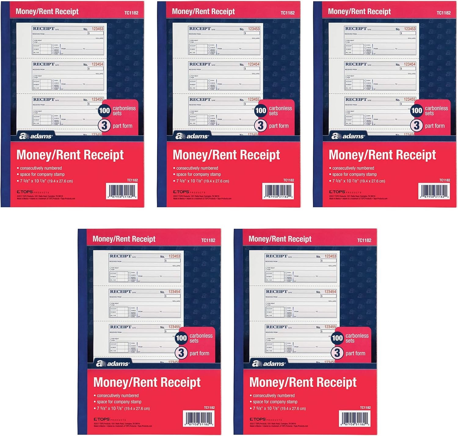Adams Money Rent Receipt Books 7.6×10.9″ 3-Part Carbonless 5pk TC1182-5