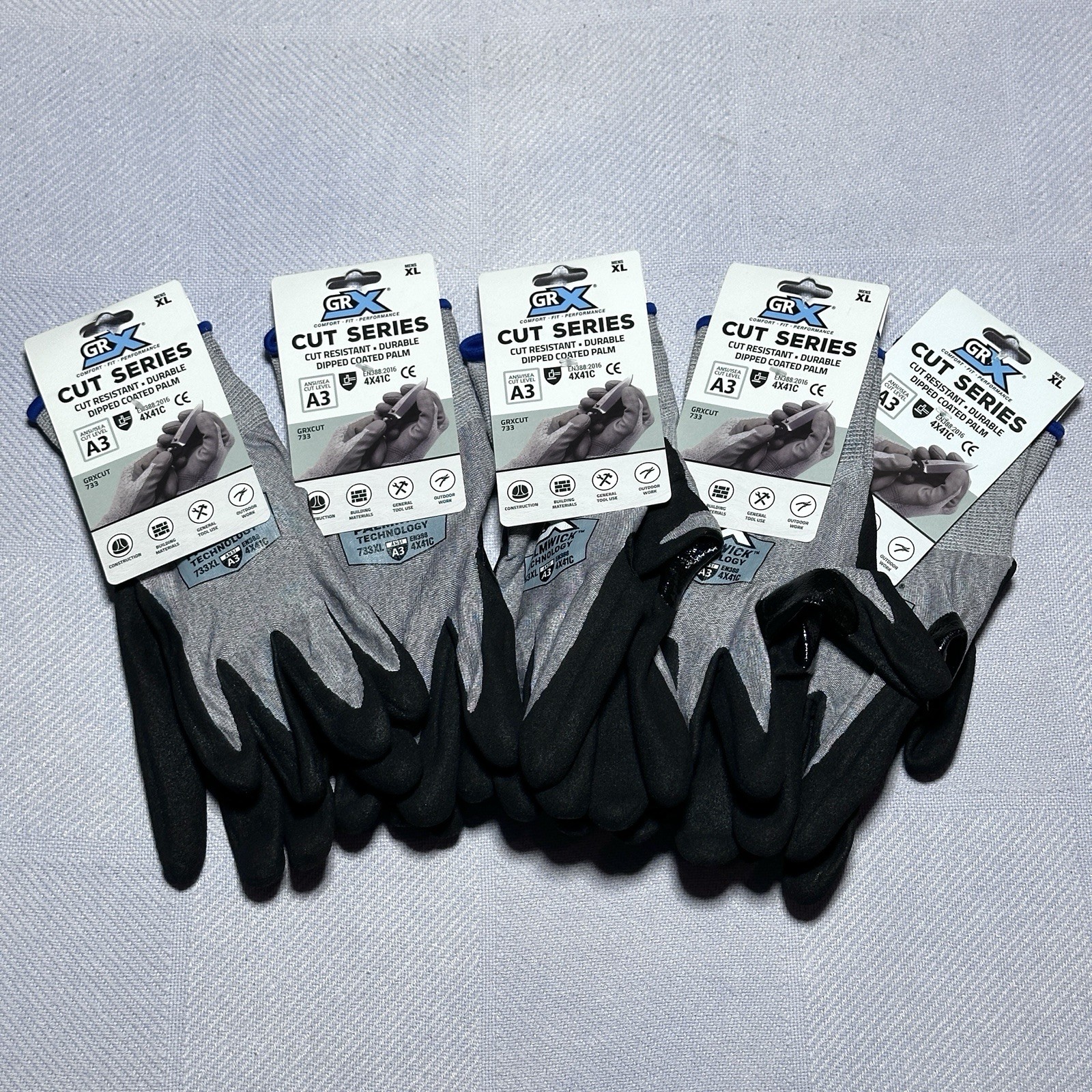GRX Cut Series Gloves 5 Pair Mens XL Cut Level A3 Dipped Coated Palm Durable