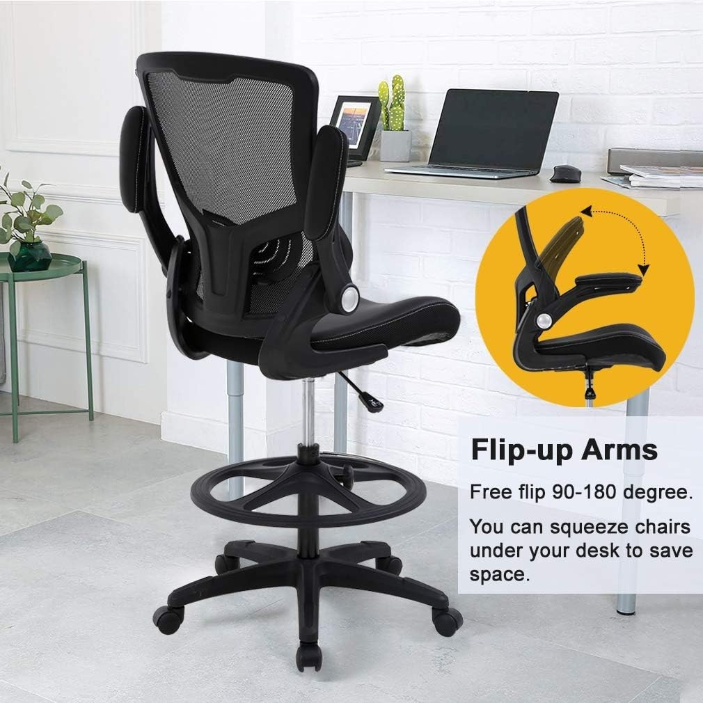 Tall Drafting Office Chair with Back Support & Foot Rest – Mesh and Faux Leather