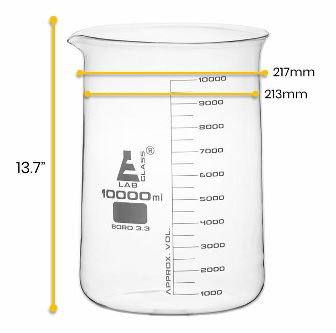 Beaker, 10,000ml – Low Form, White Graduations – Borosilicate Glass – Eisco Labs