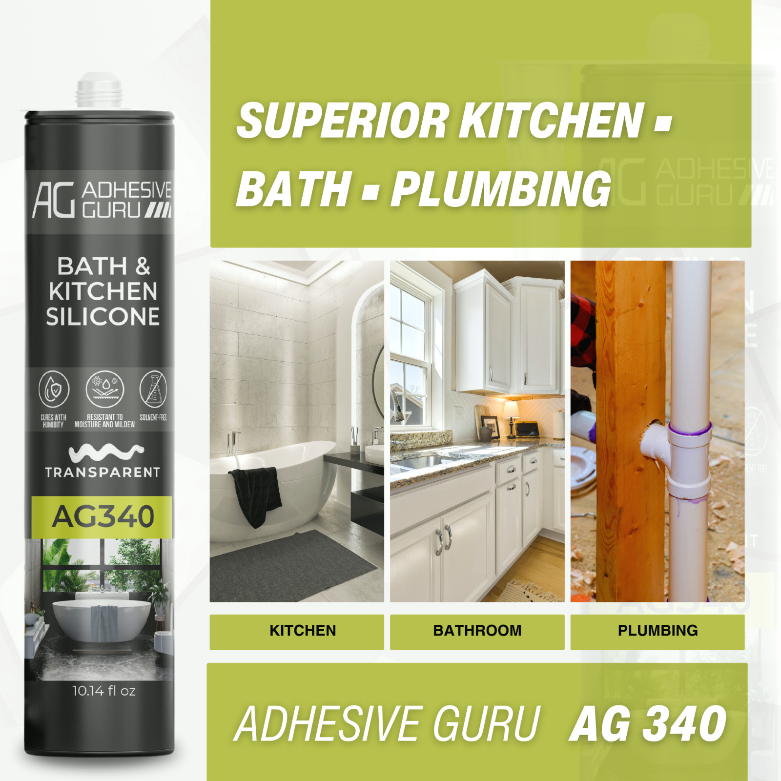 Adhesive Guru AG340 Clear Silicone Sealant (12×10.14 fl oz), 100% Silicone Caulk
