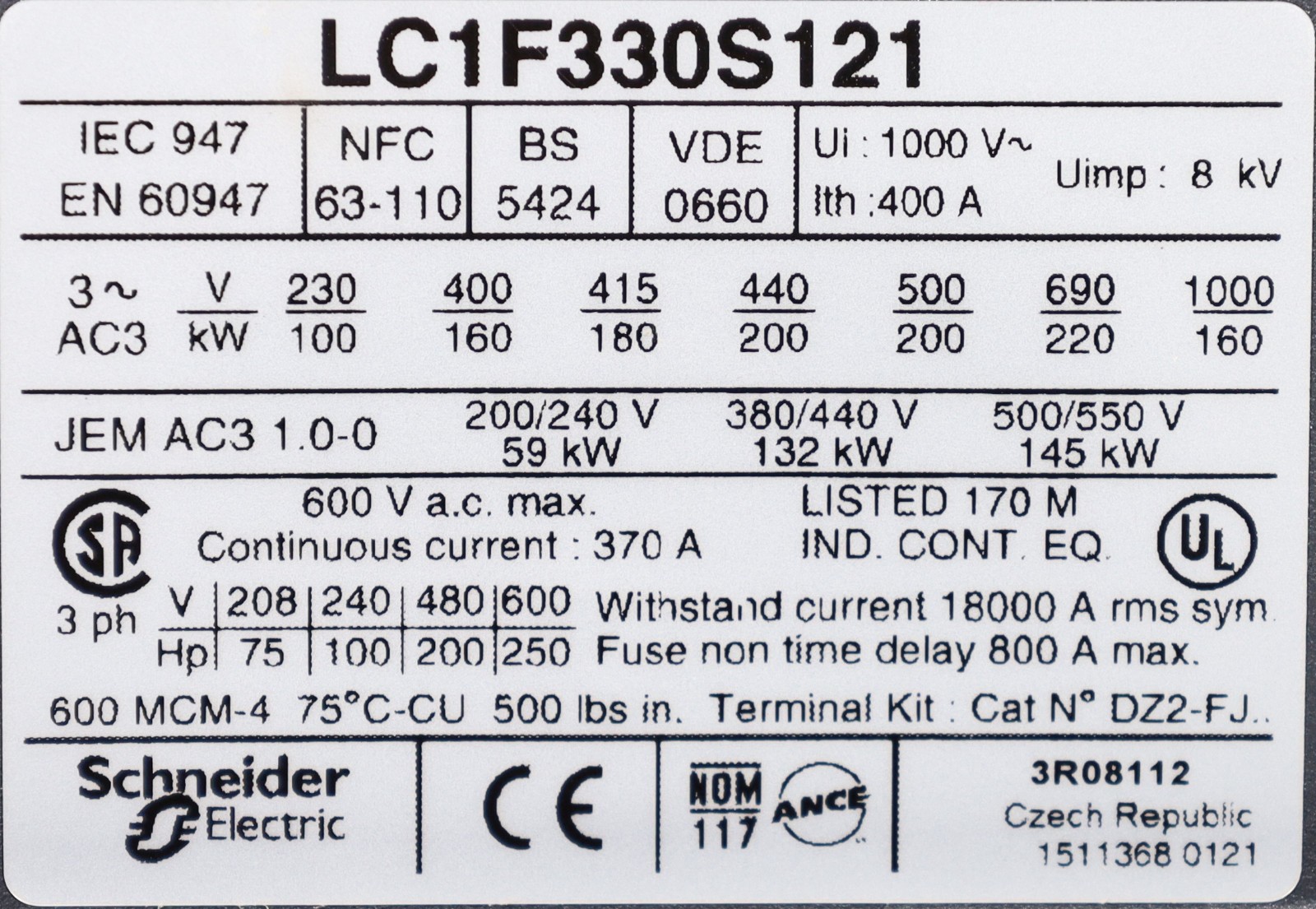 Telemecanique LC1F330S121 3-Phase Contactor 1000VAC 330A 24VDC Coil