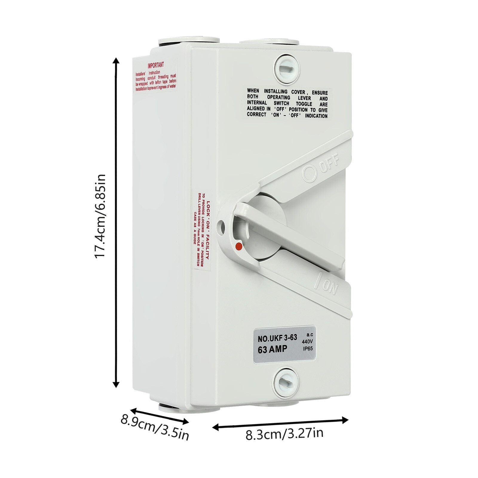 3-pole Waterproof Isolating Switch Three-phase Wall Mounted 63A 440V 3 Way USA