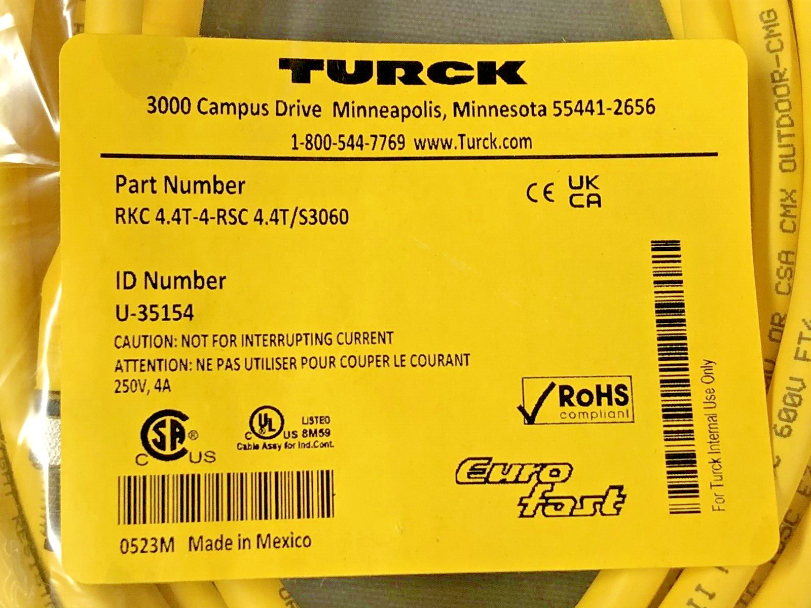 Turck RKC 4.4T-4-RSC 4.4T/S3060 Cordset 4 Pin M12 Straight 4m Flexlife®/C-Track